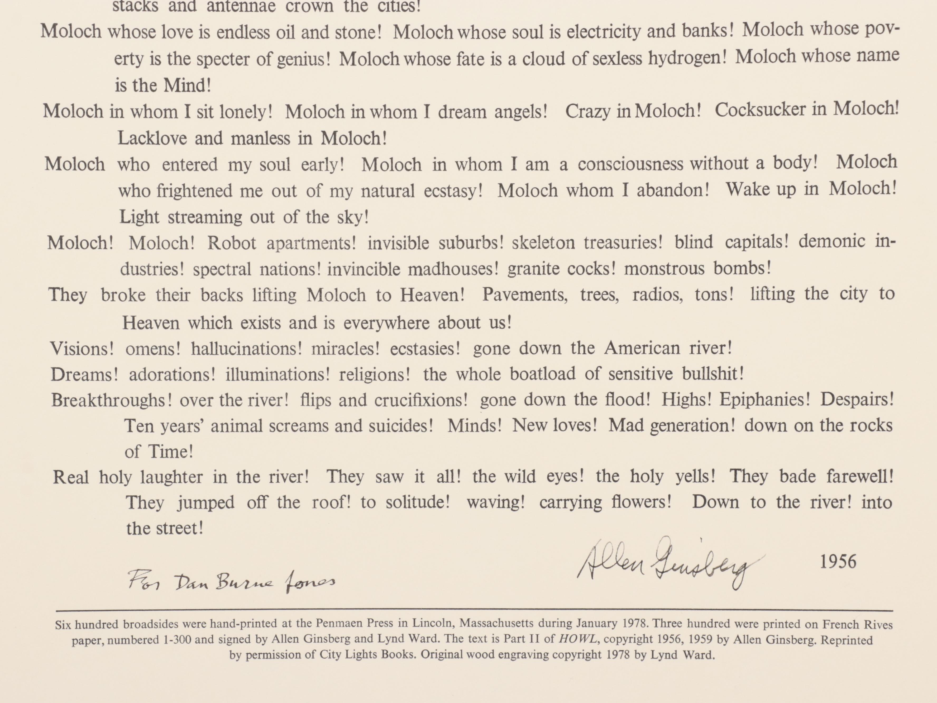 Lynd Ward Wood Engraving "Moloch," Signed by Allen Ginsberg