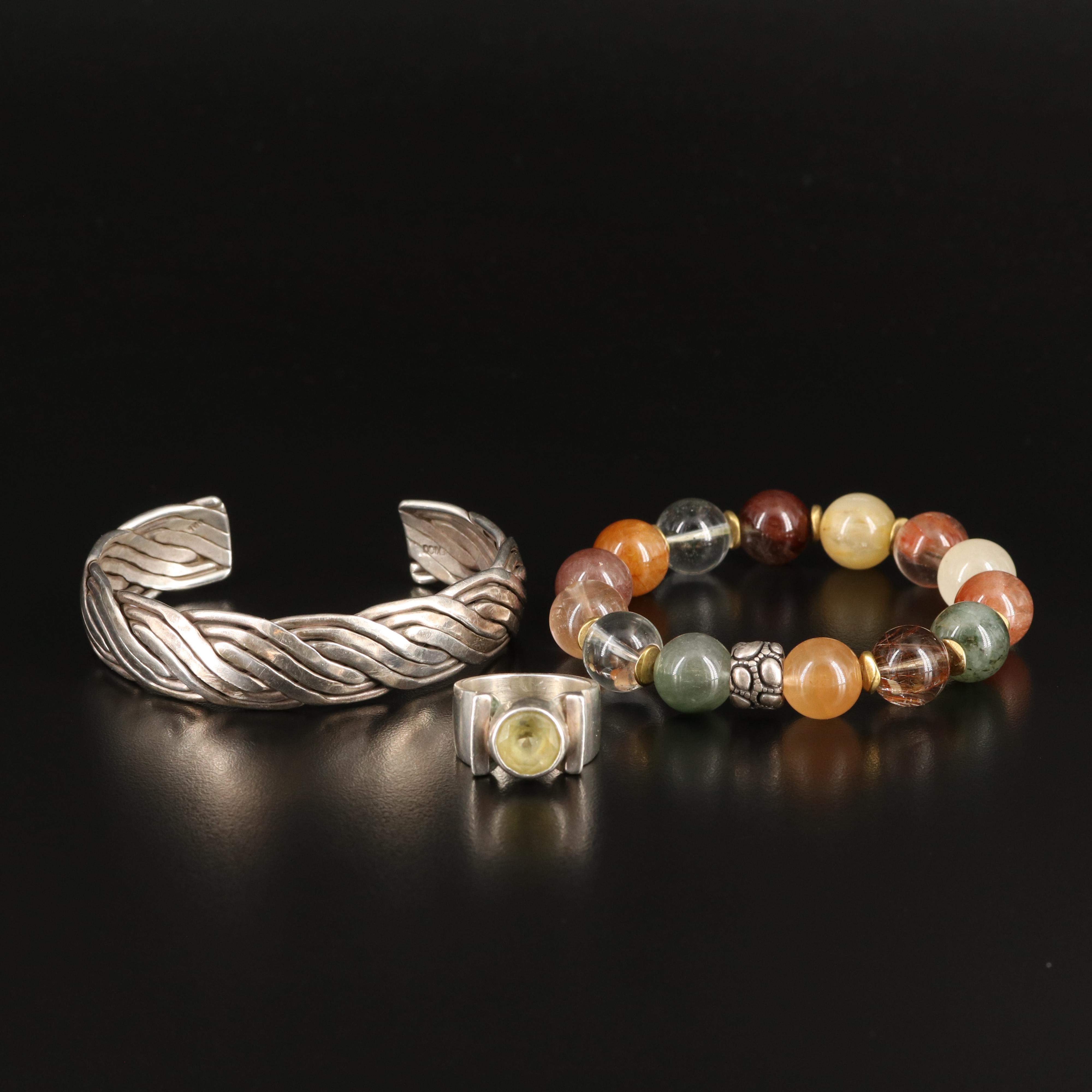 Mexican Sterling Braided Cuff, Gemstone Bracelet and Ring