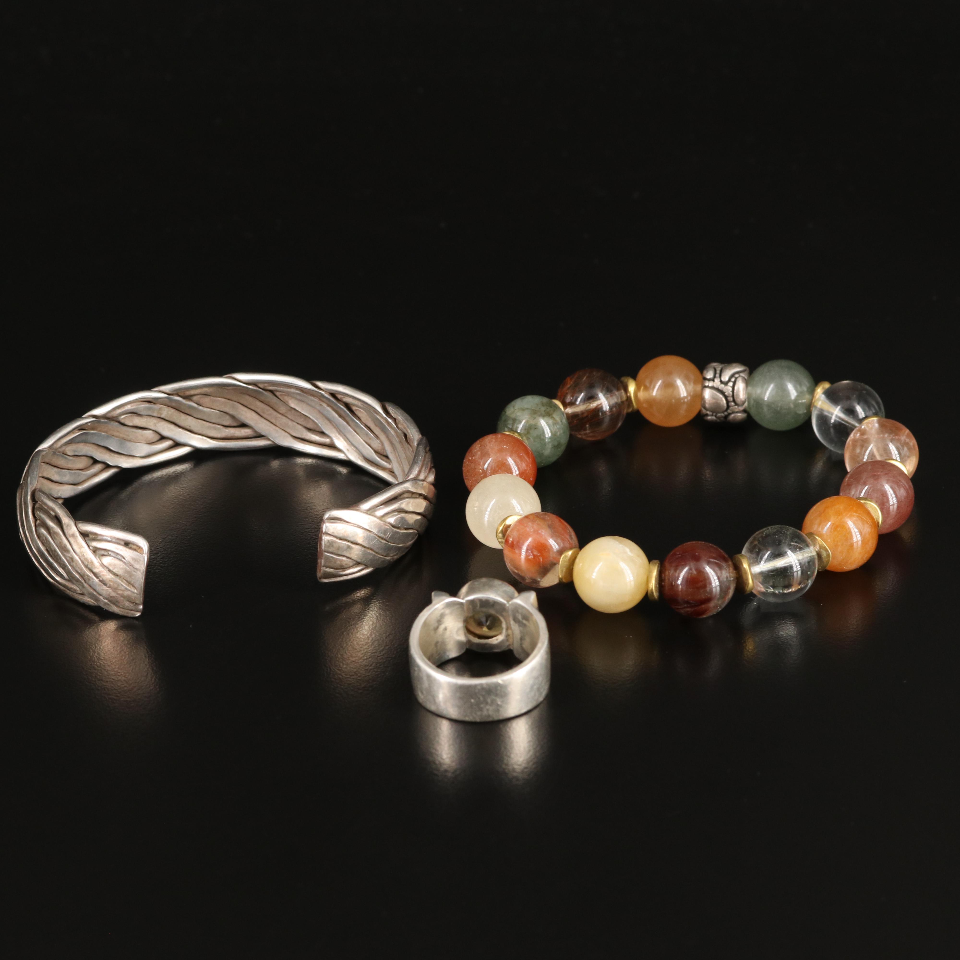 Mexican Sterling Braided Cuff, Gemstone Bracelet and Ring
