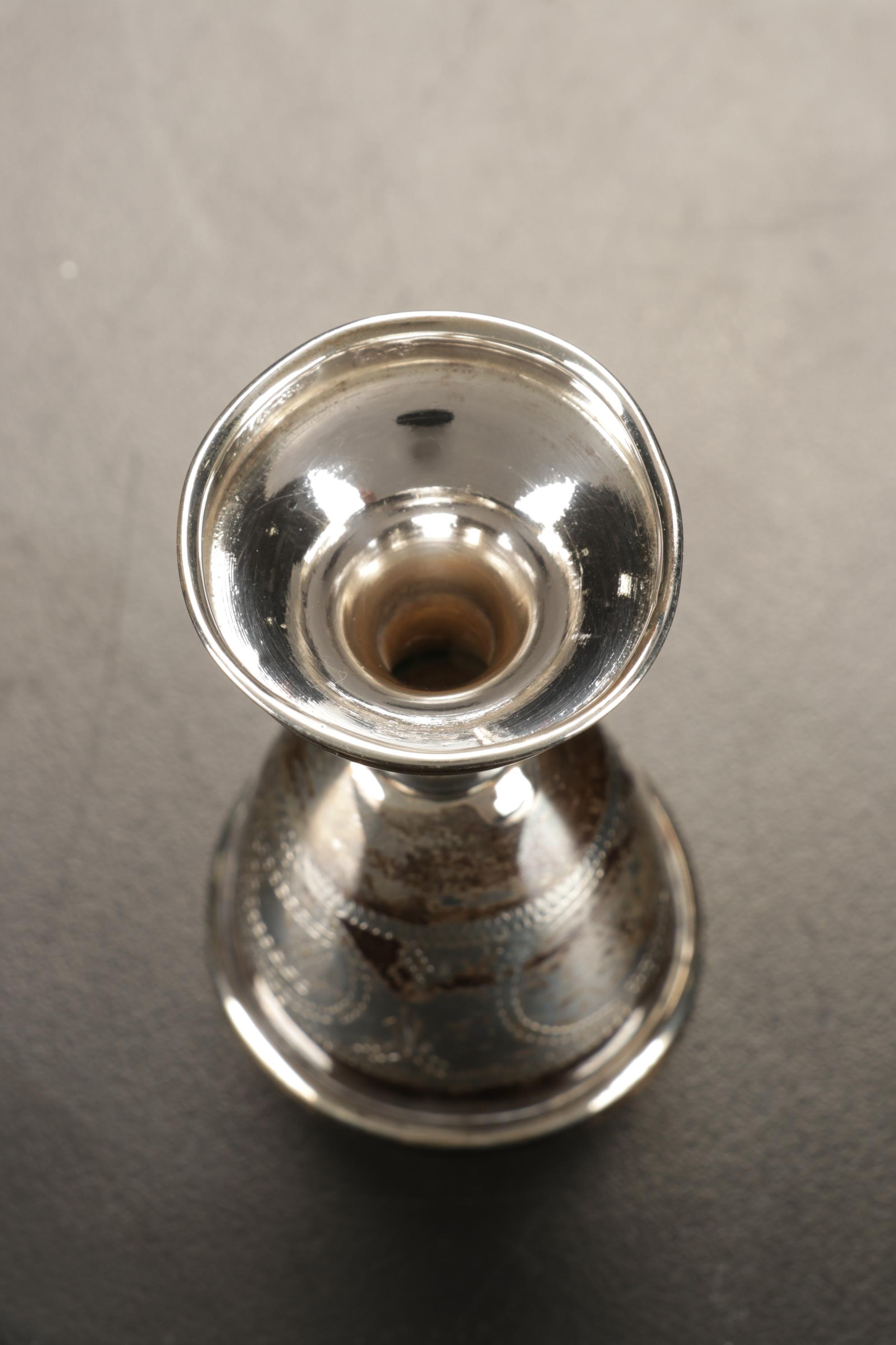 Engraved Sterling Silver Cordial Set and Trumpet Vase, 20th Century