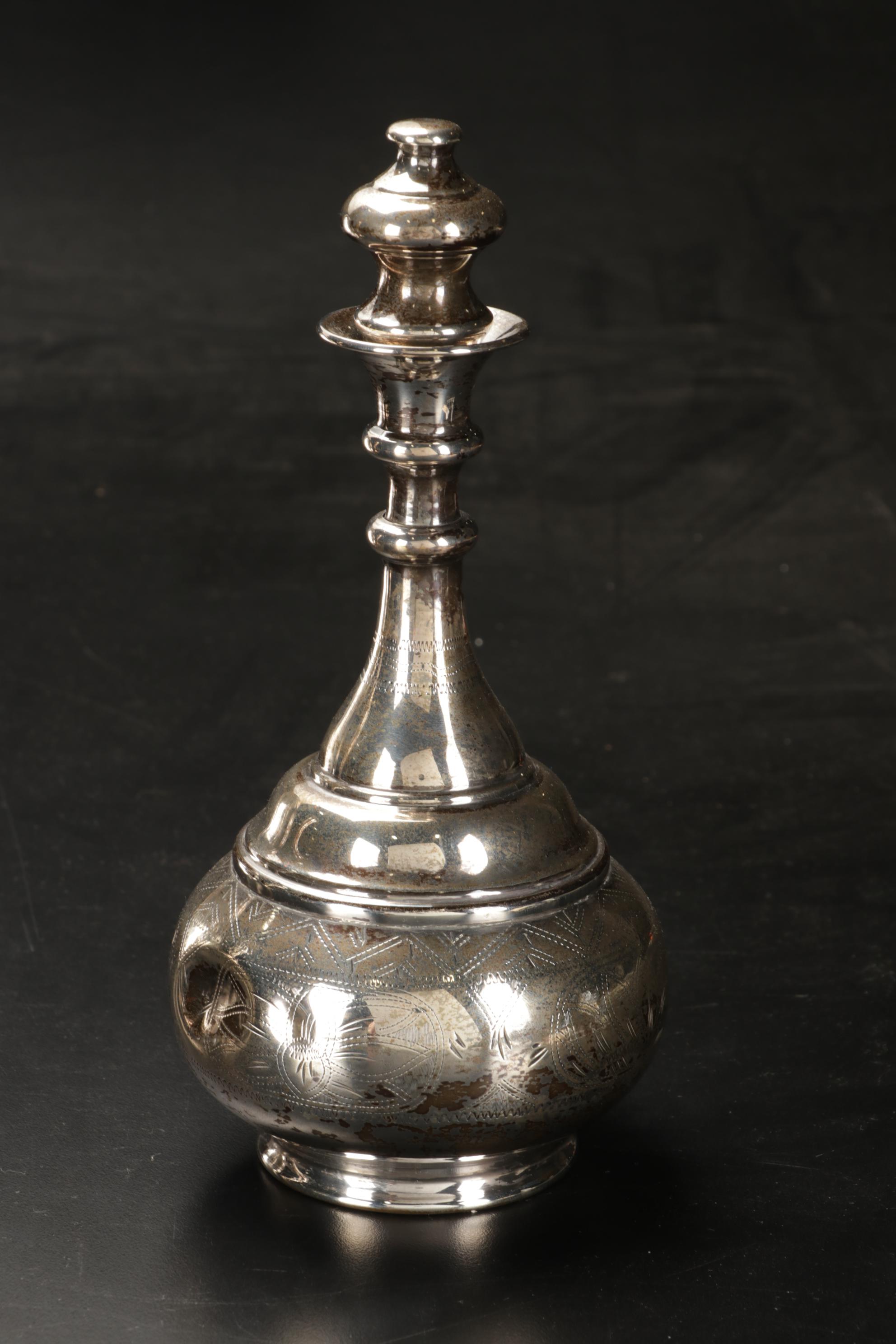 Engraved Sterling Silver Cordial Set and Trumpet Vase, 20th Century