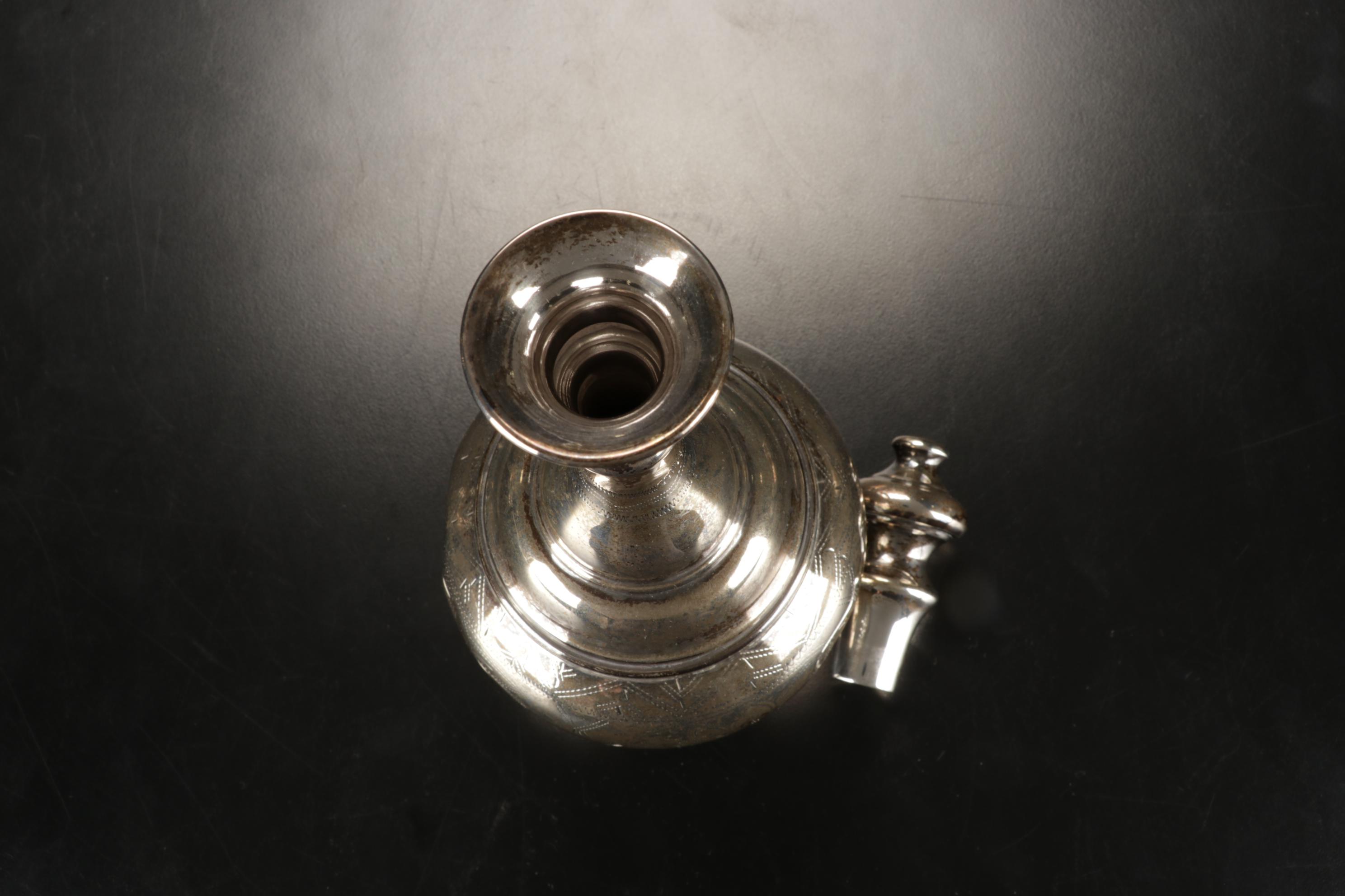 Engraved Sterling Silver Cordial Set and Trumpet Vase, 20th Century