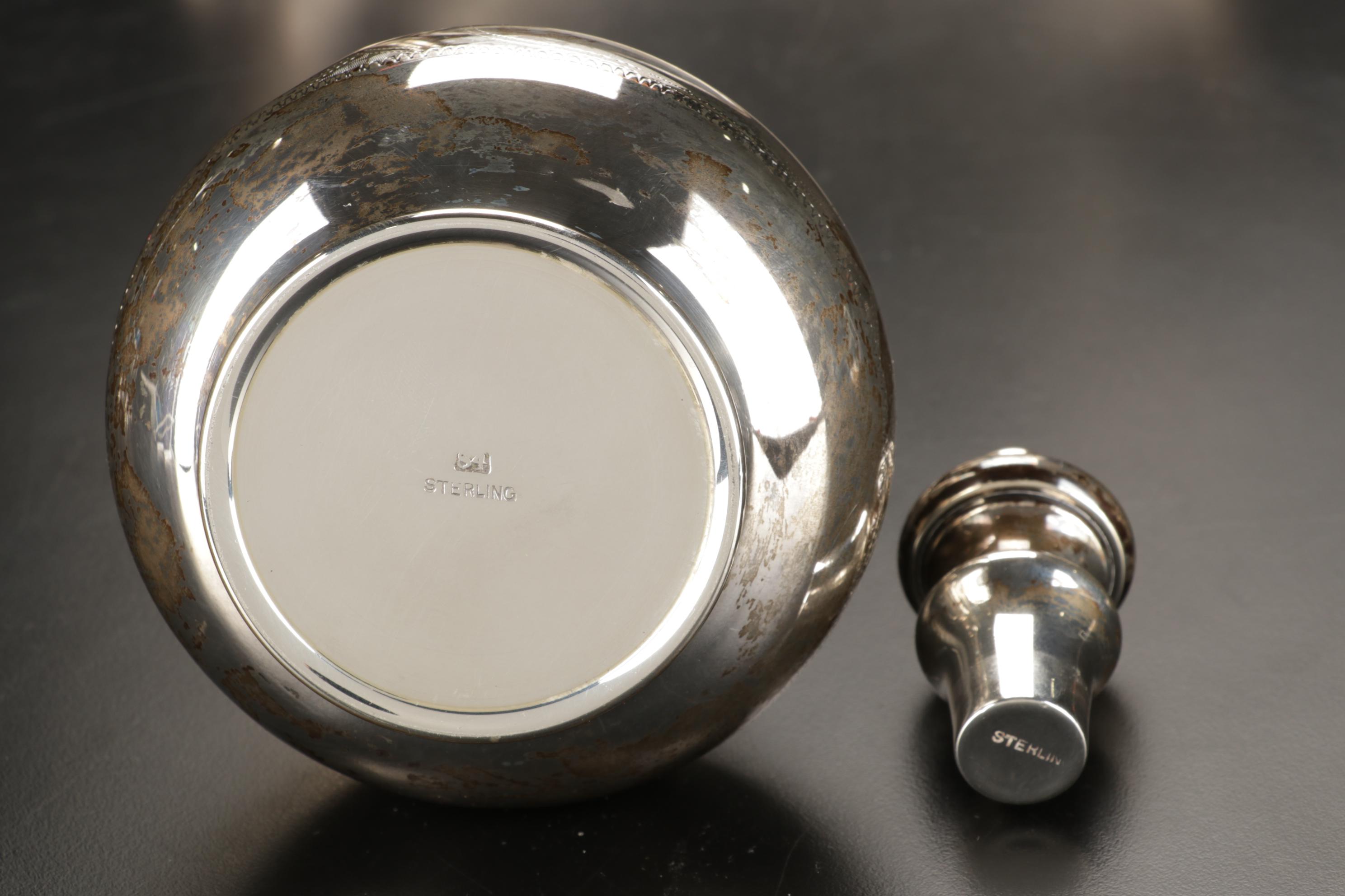 Engraved Sterling Silver Cordial Set and Trumpet Vase, 20th Century