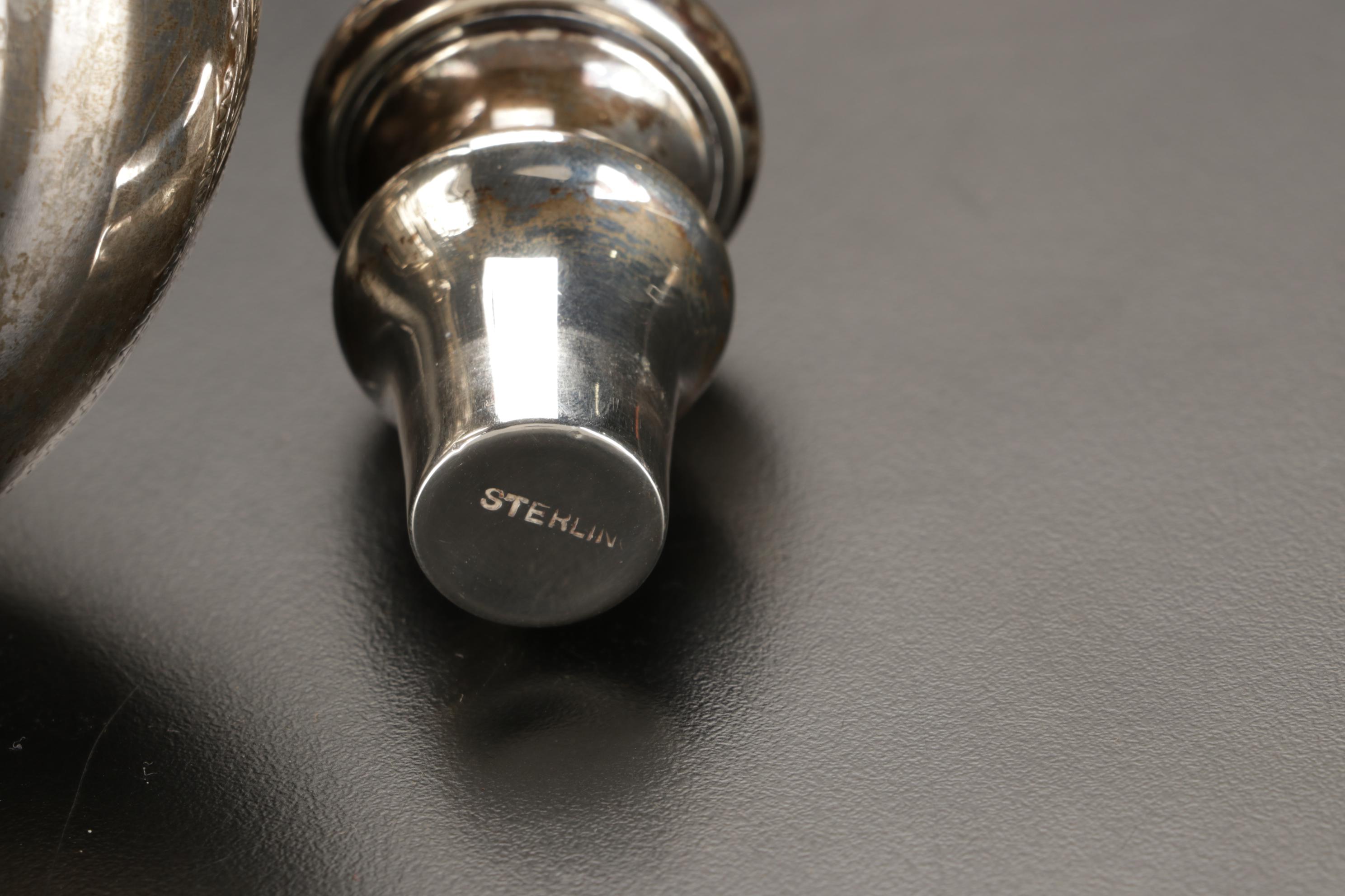 Engraved Sterling Silver Cordial Set and Trumpet Vase, 20th Century