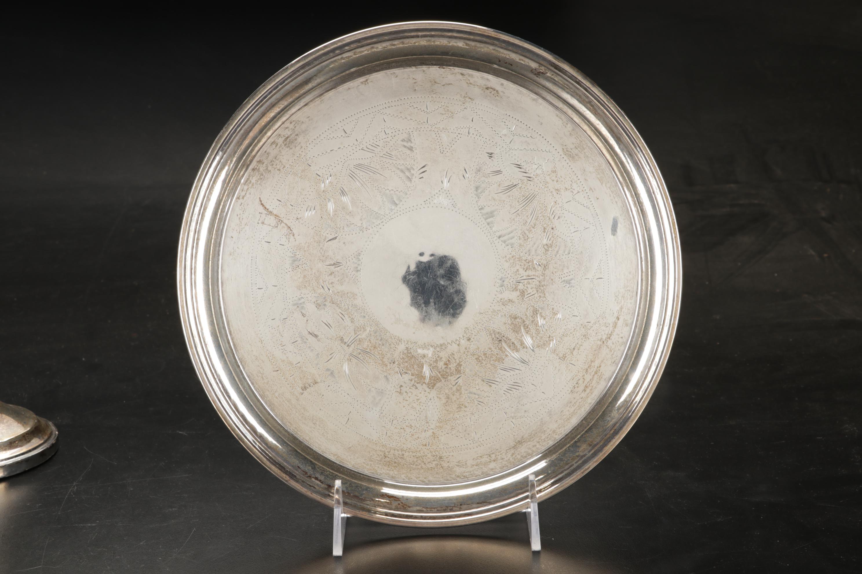 Engraved Sterling Silver Cordial Set and Trumpet Vase, 20th Century