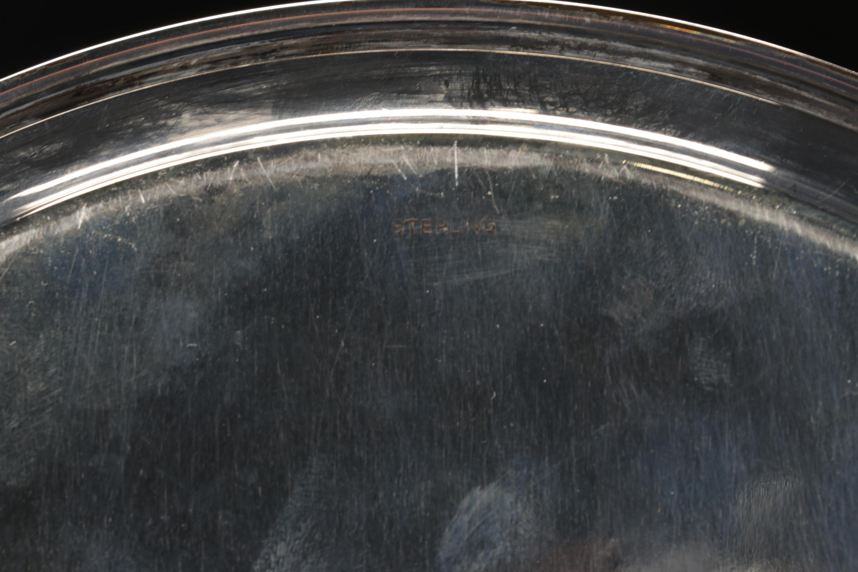 Engraved Sterling Silver Cordial Set and Trumpet Vase, 20th Century