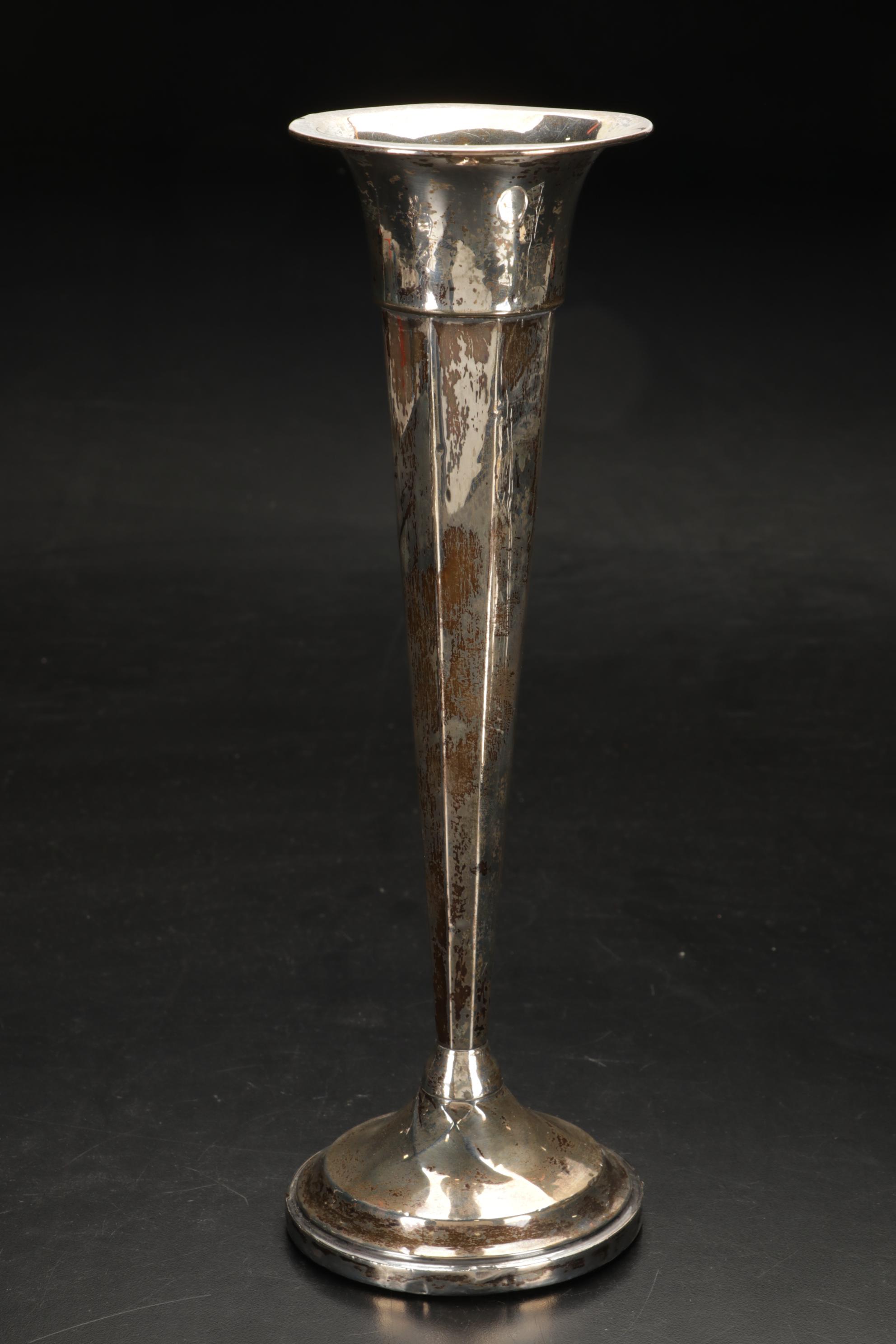 Engraved Sterling Silver Cordial Set and Trumpet Vase, 20th Century