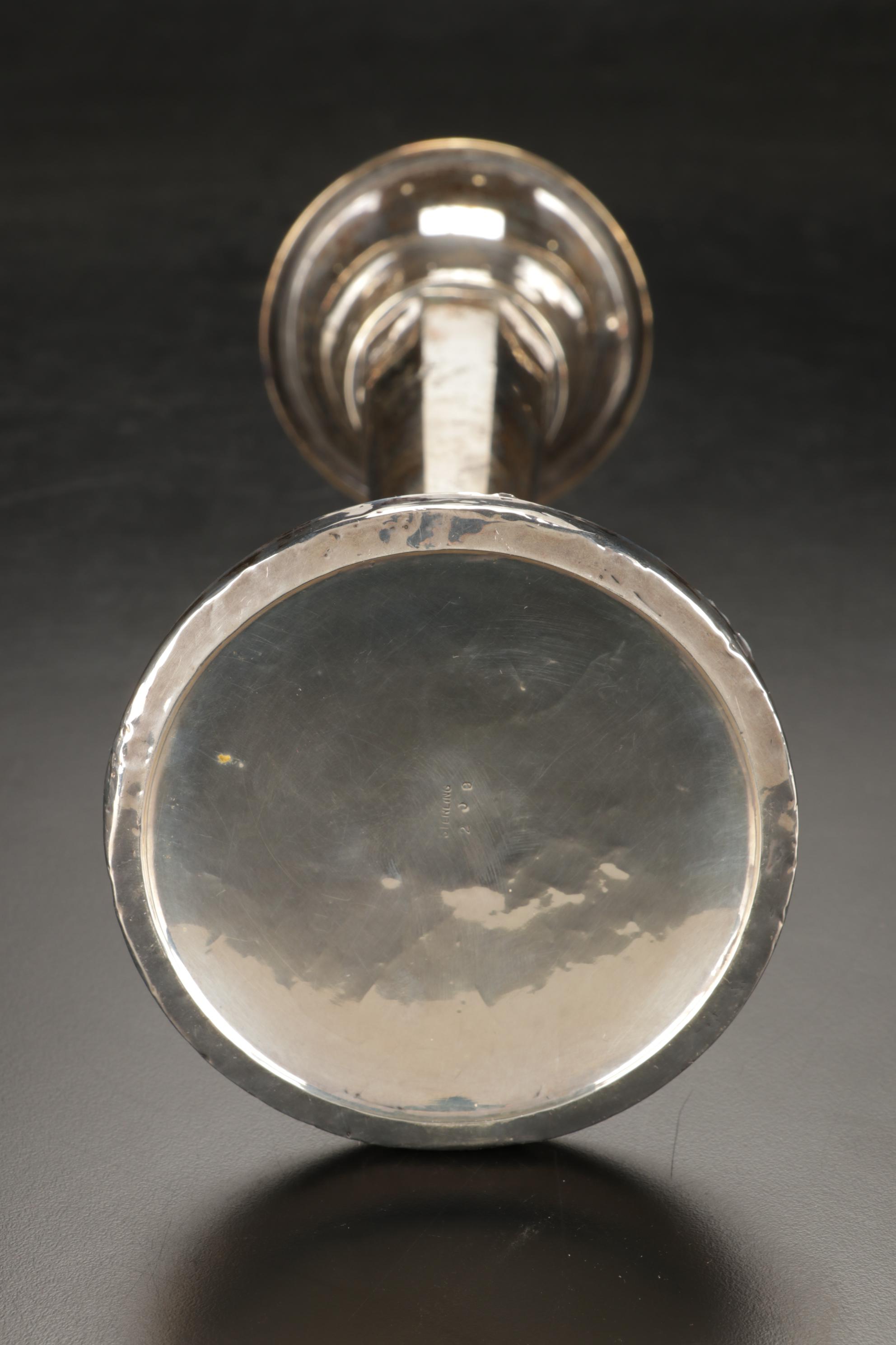 Engraved Sterling Silver Cordial Set and Trumpet Vase, 20th Century