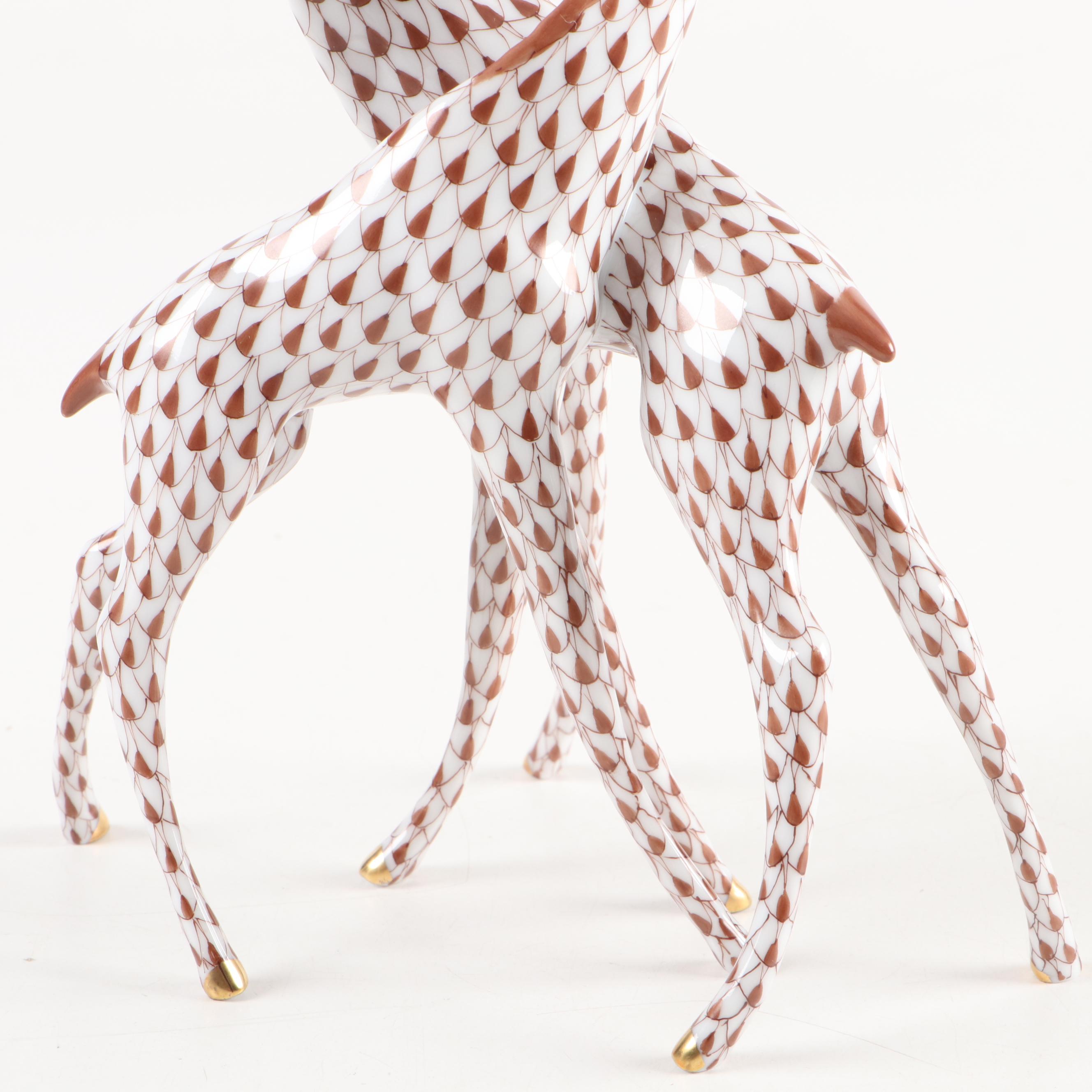 Herend Chocolate Fishnet with Gold "Pair of Giraffes" Porcelain Figurine