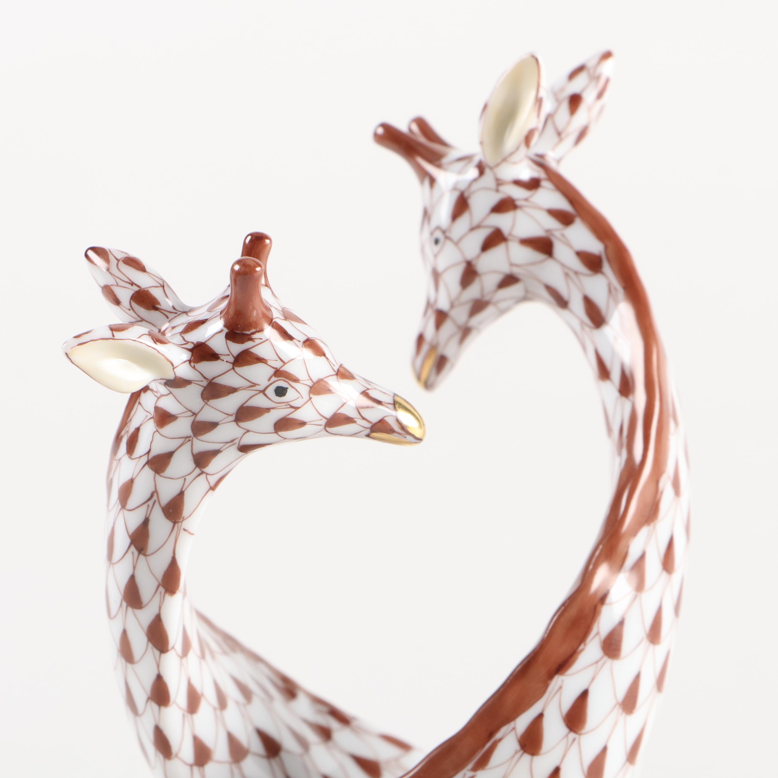 Herend Chocolate Fishnet with Gold "Pair of Giraffes" Porcelain Figurine
