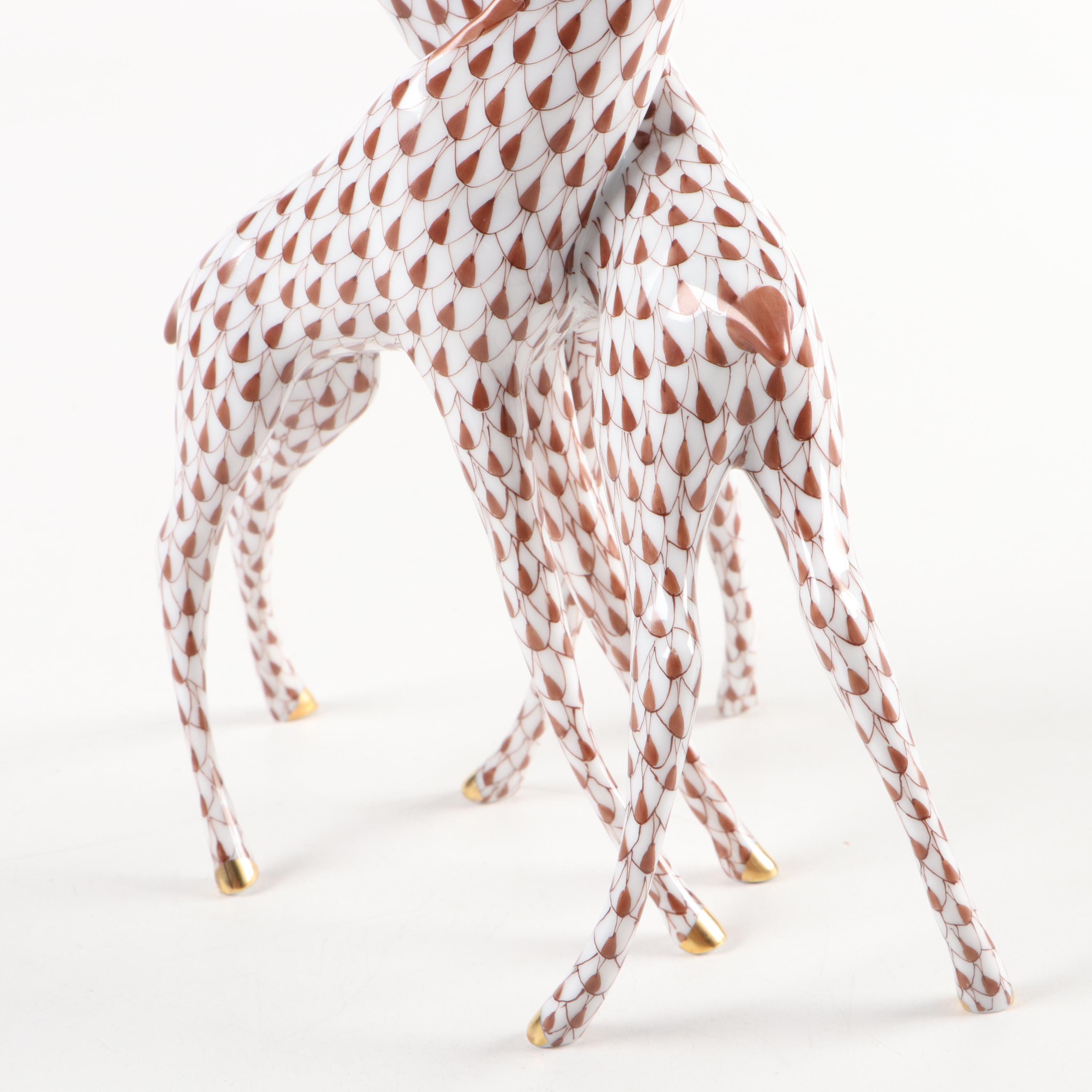 Herend Chocolate Fishnet with Gold "Pair of Giraffes" Porcelain Figurine