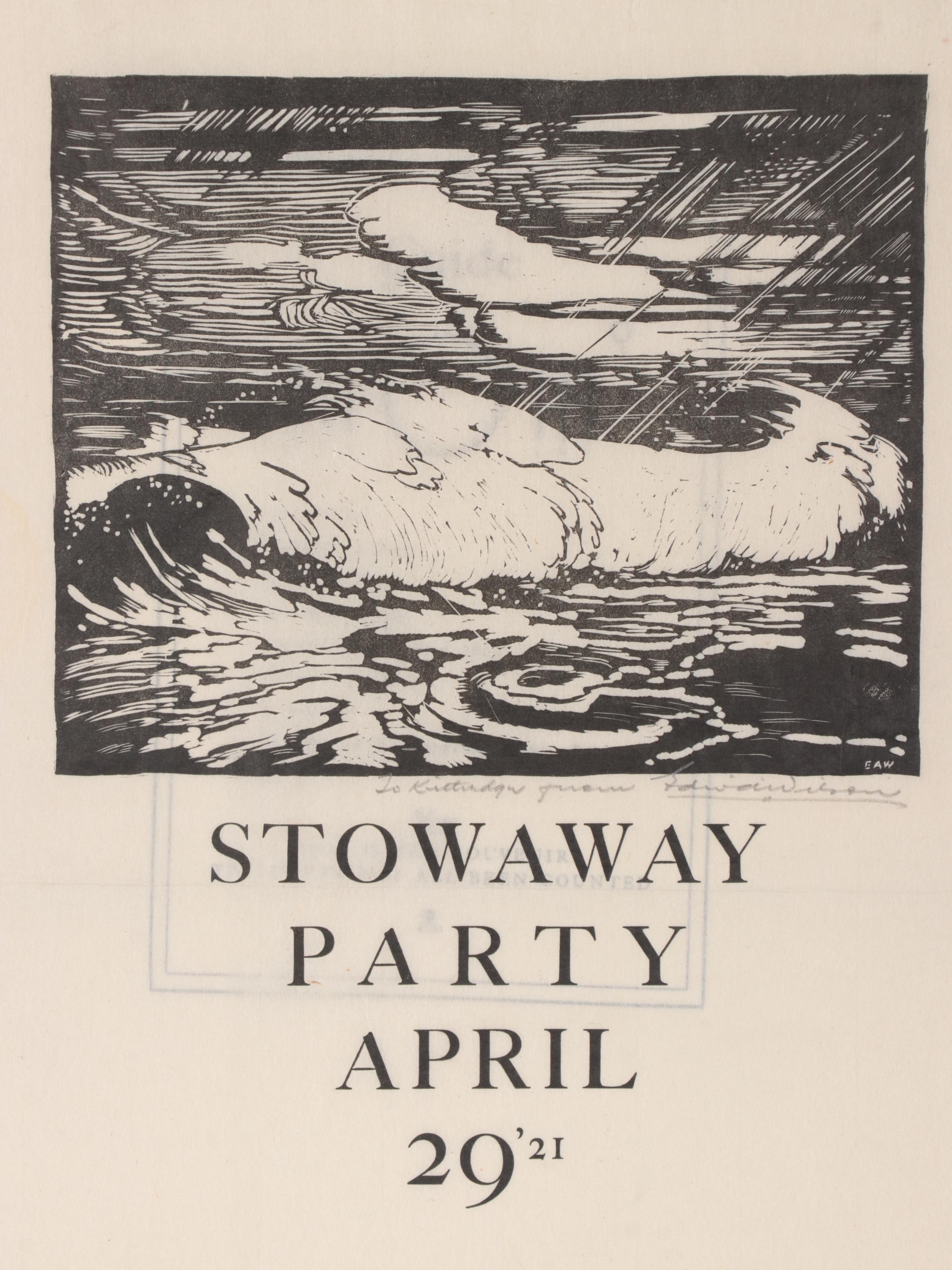 Edwin Wilson Linocut Party Invitation, Mid-20th Century