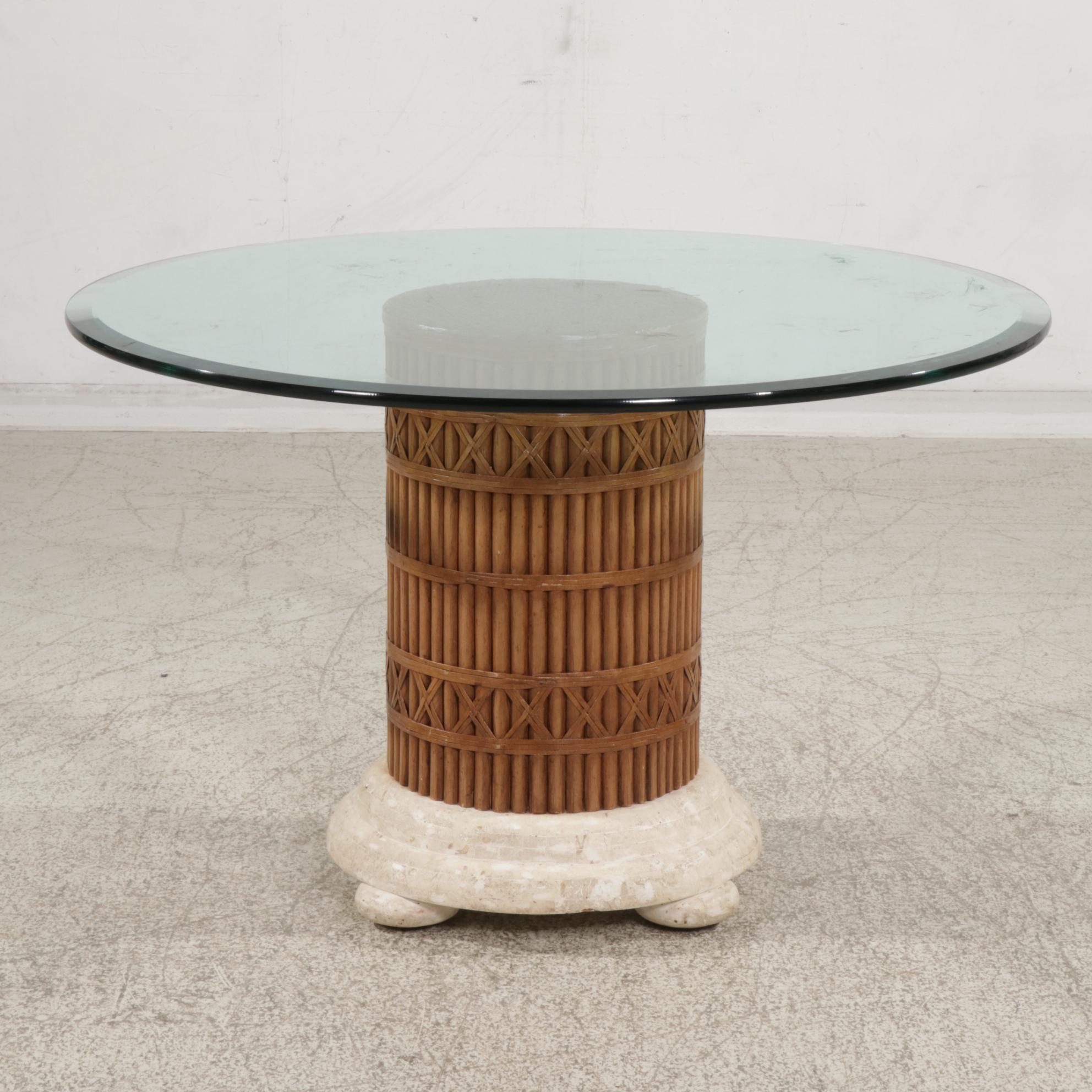 Rattan and Glass Top Dining Table and Four Chairs