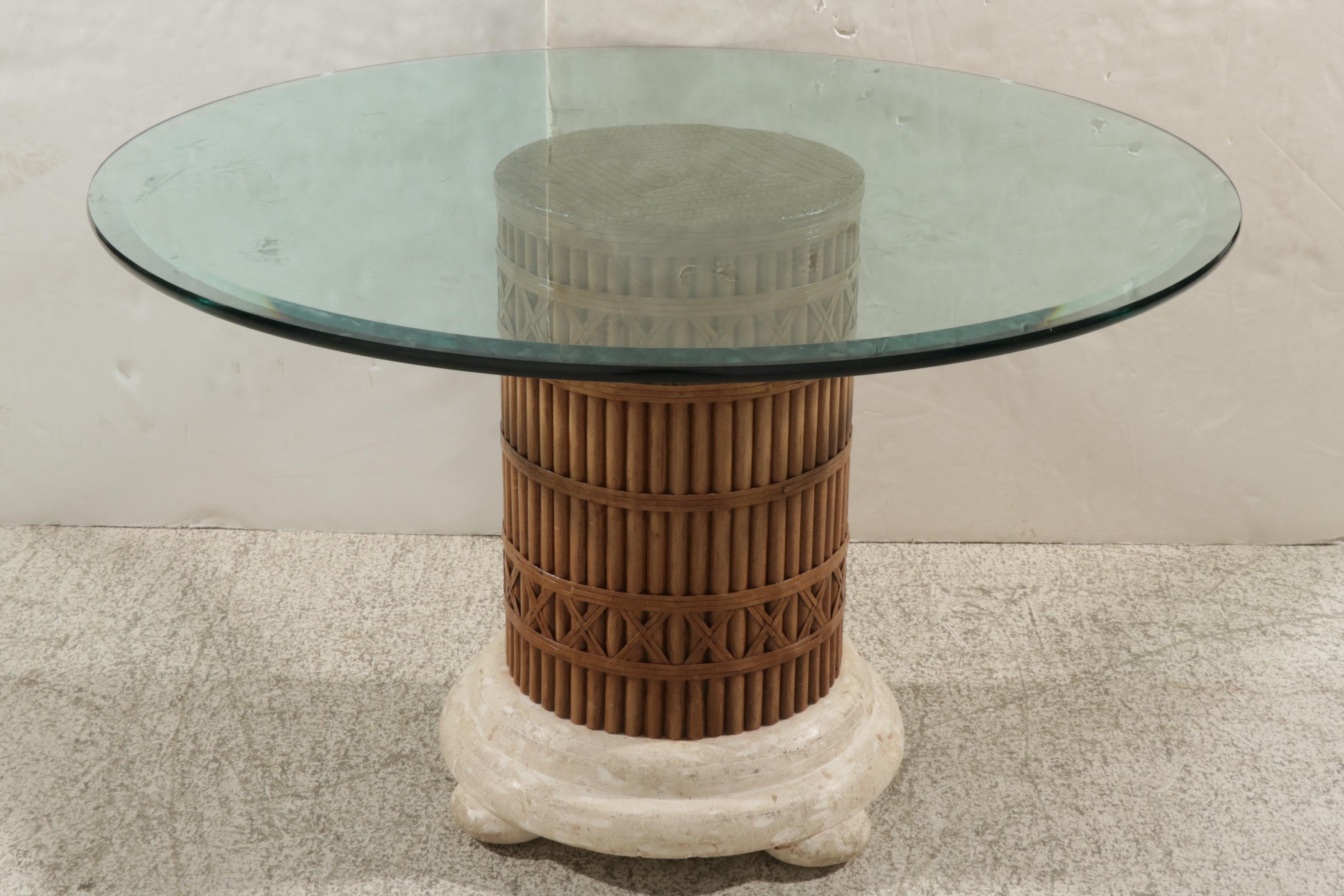 Rattan and Glass Top Dining Table and Four Chairs