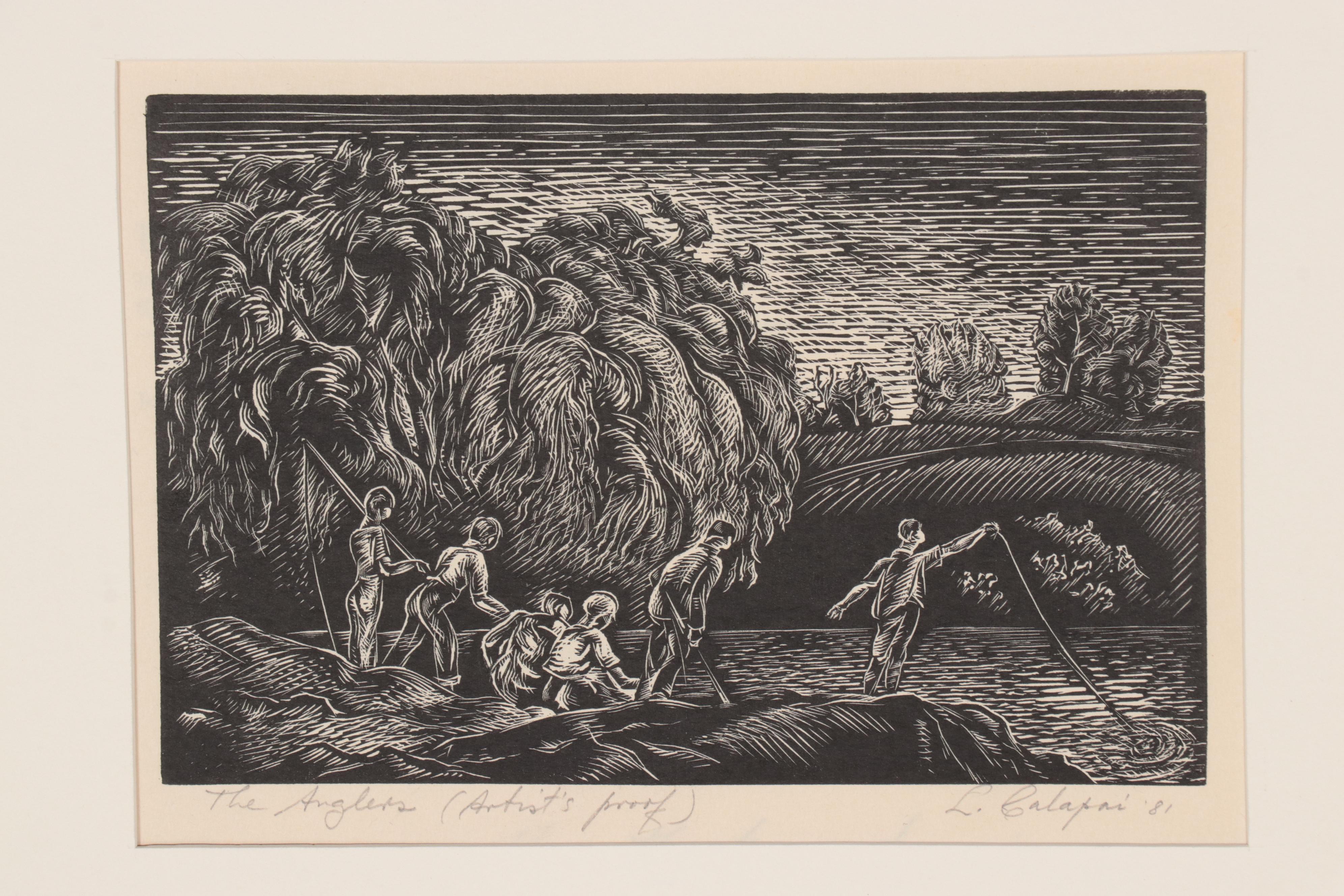 Letterio Calapai Wood Engraving "The Anglers," 1981