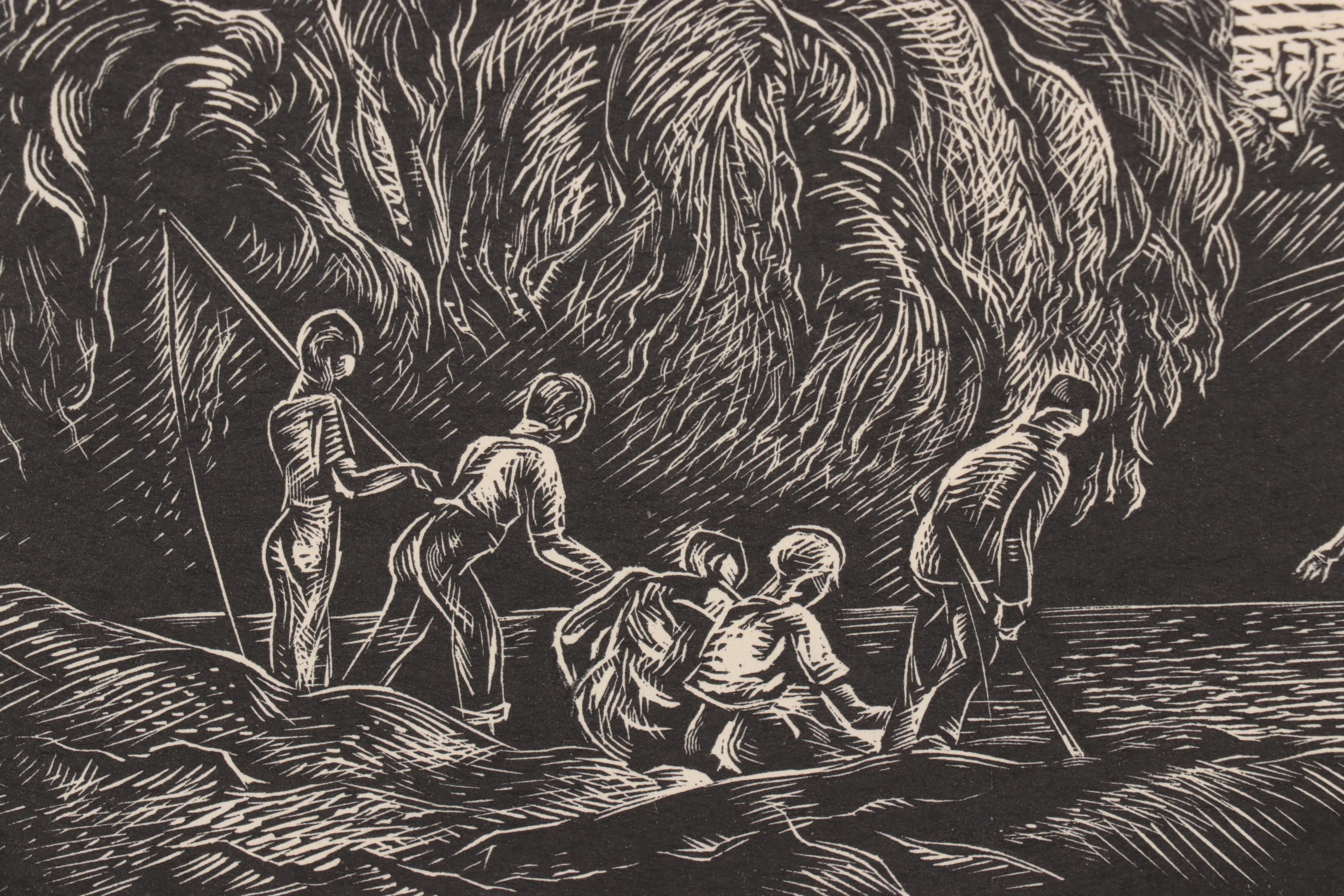 Letterio Calapai Wood Engraving "The Anglers," 1981