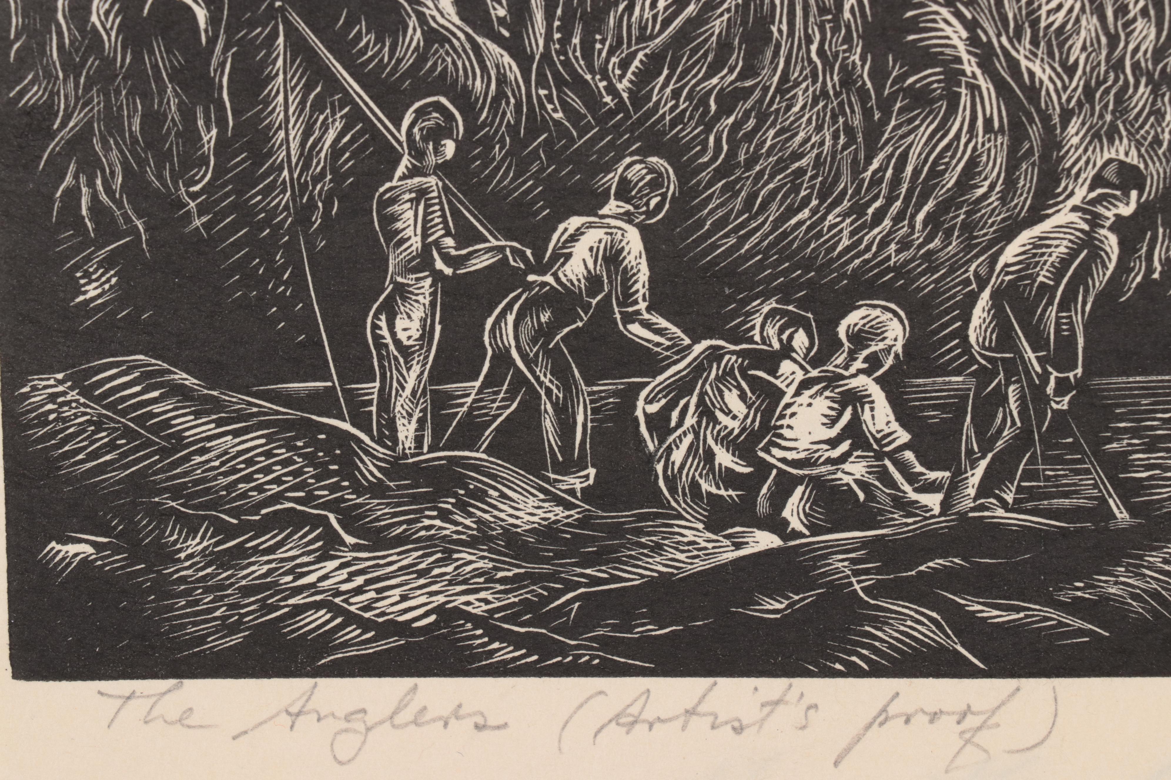 Letterio Calapai Wood Engraving "The Anglers," 1981