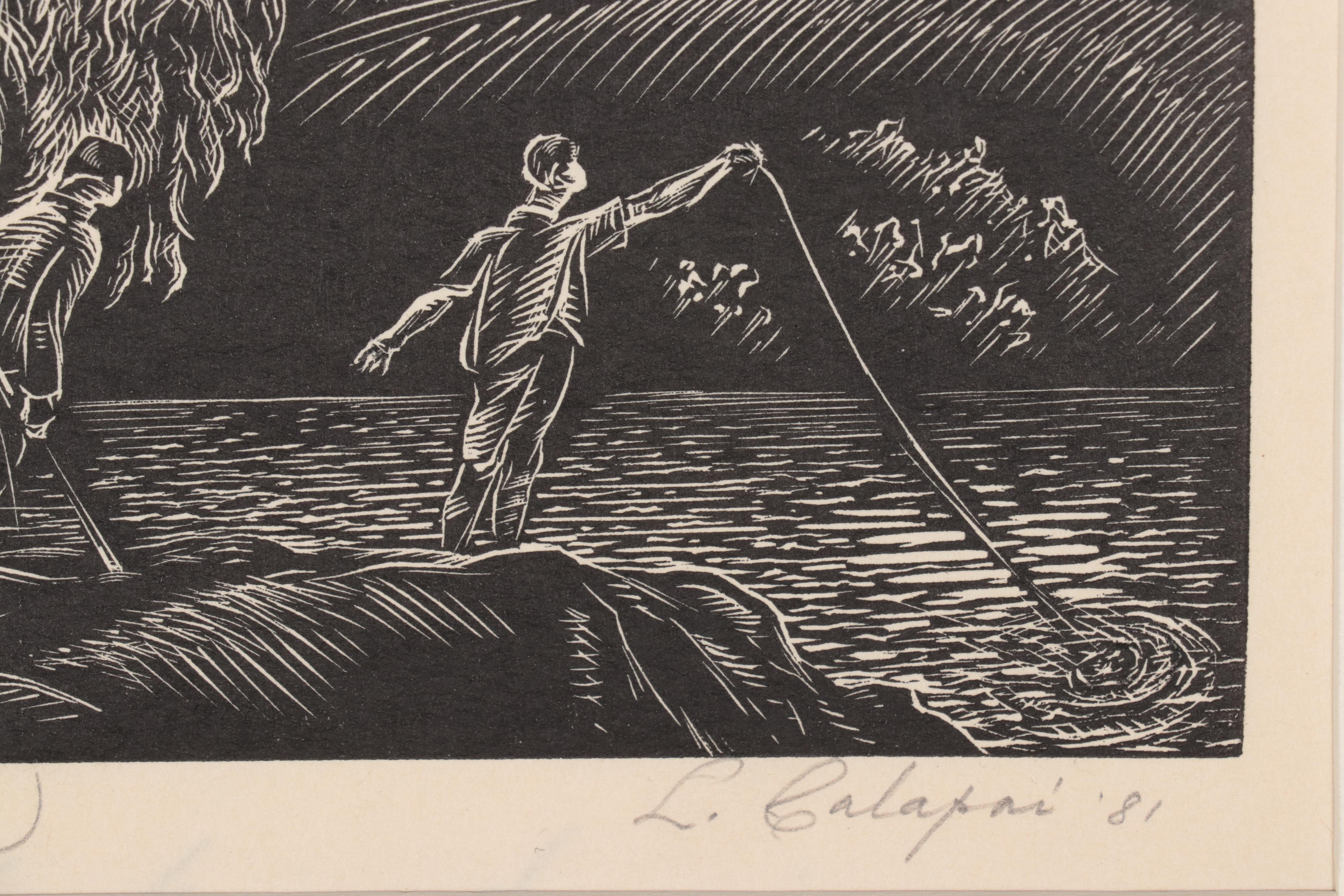 Letterio Calapai Wood Engraving "The Anglers," 1981