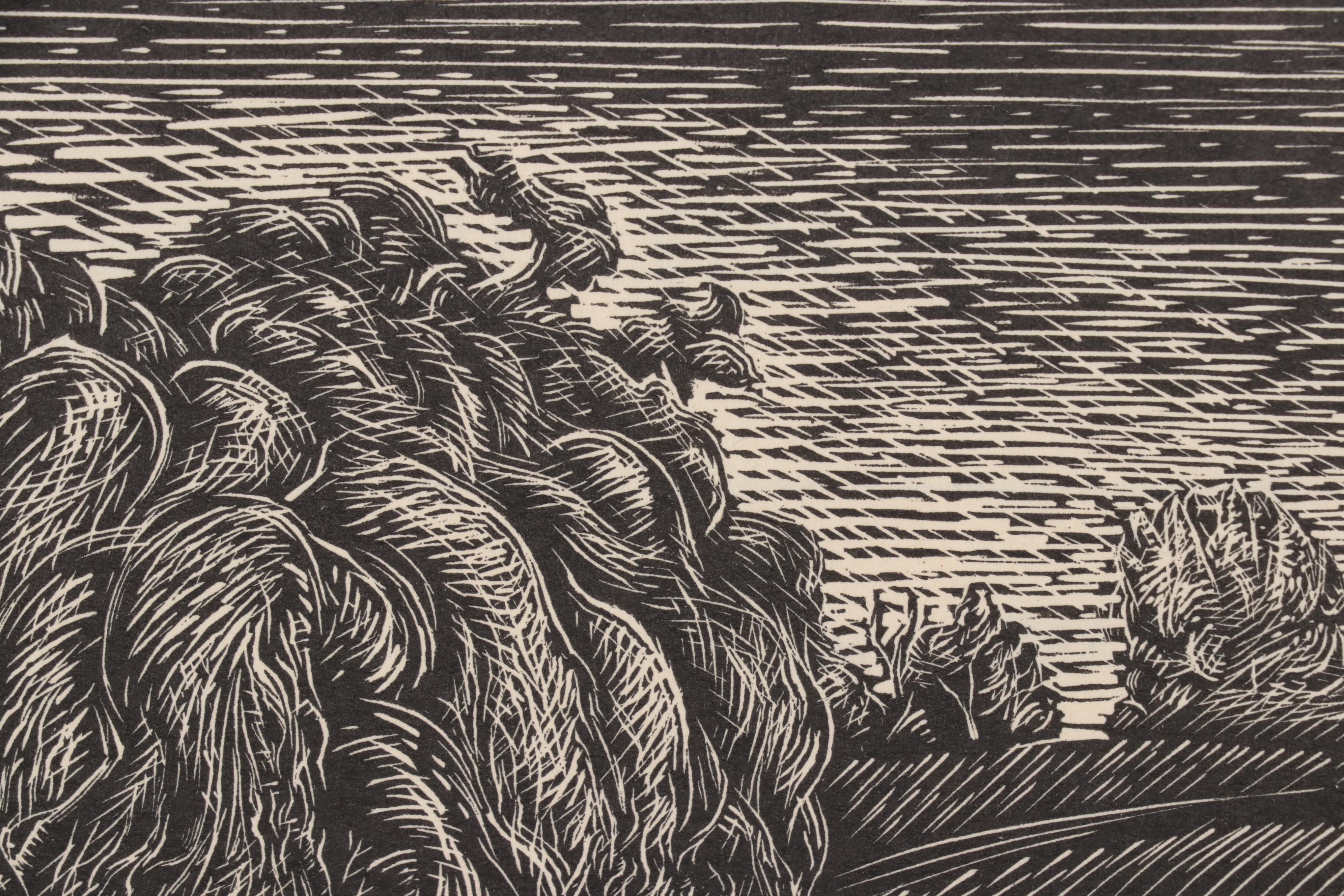 Letterio Calapai Wood Engraving "The Anglers," 1981
