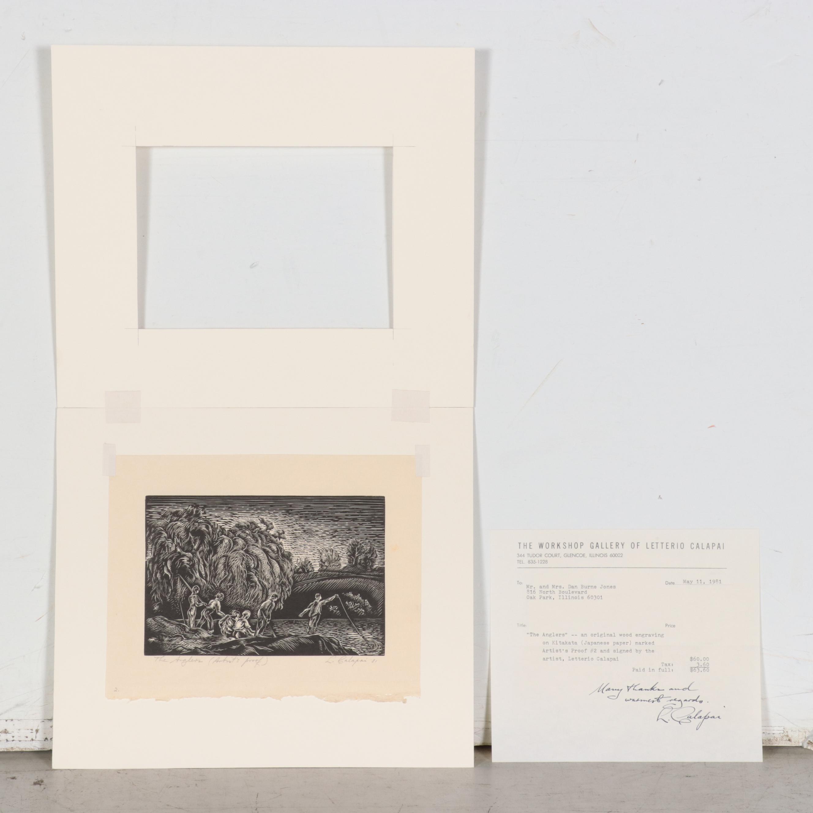 Letterio Calapai Wood Engraving "The Anglers," 1981