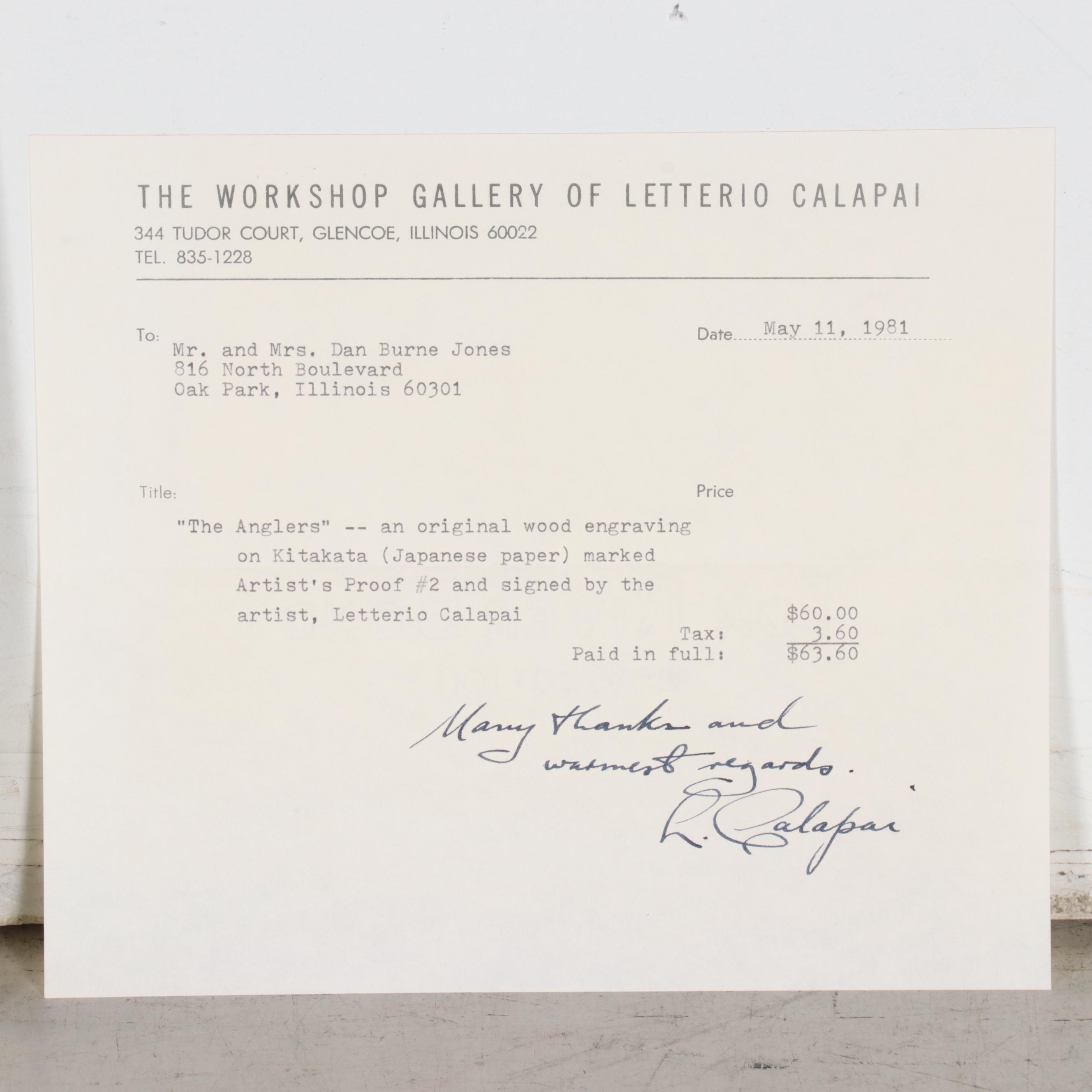 Letterio Calapai Wood Engraving "The Anglers," 1981