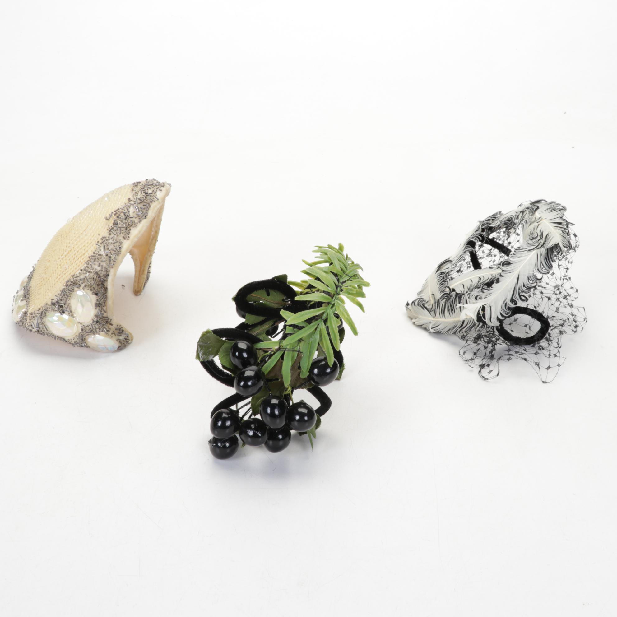 Floral, Fruit, and Embellished Casques, Fascinators, with Other Hats