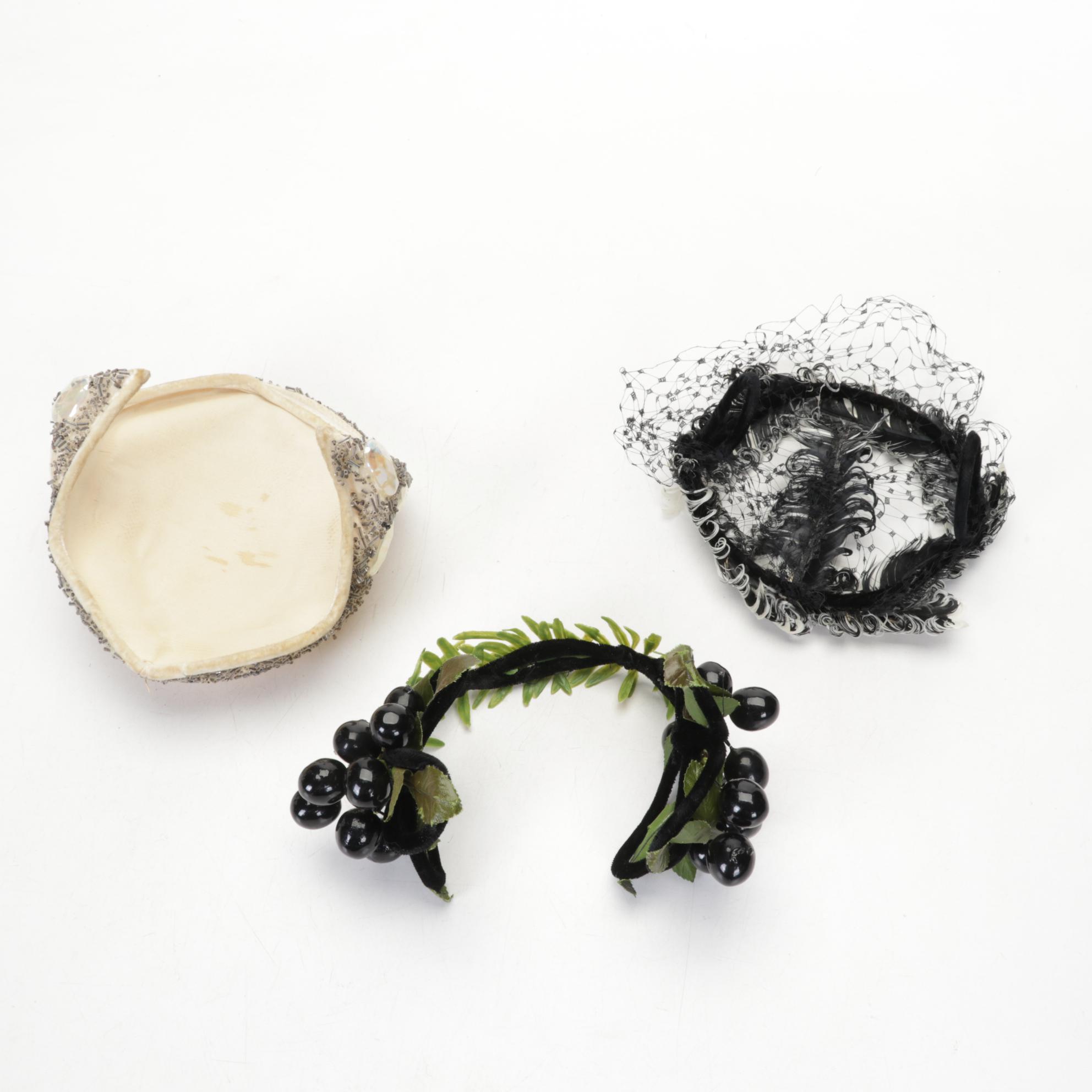 Floral, Fruit, and Embellished Casques, Fascinators, with Other Hats