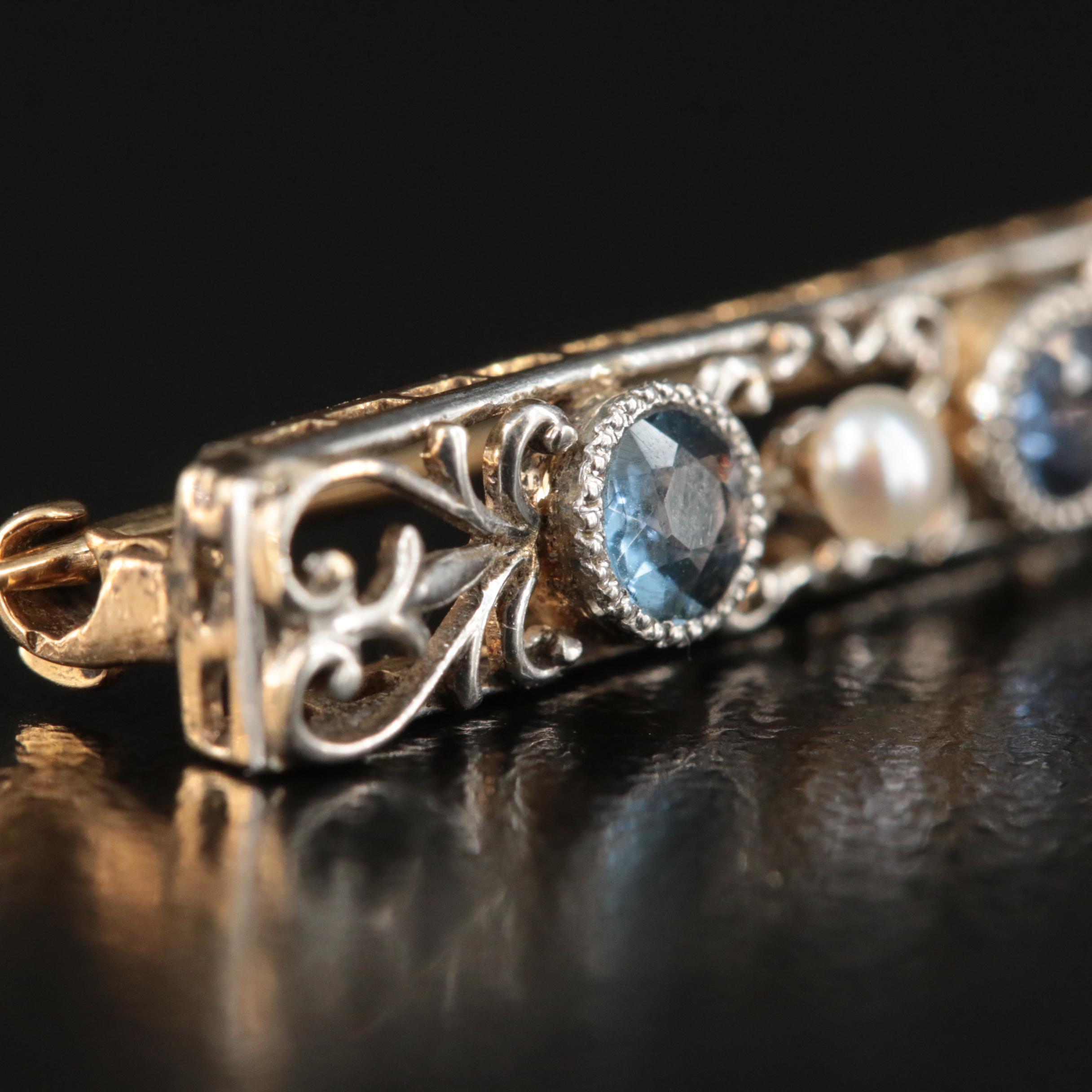 Edwardian Bippart, Griscom and Osborn 14K and Platinum Sapphire and Pearl Pin