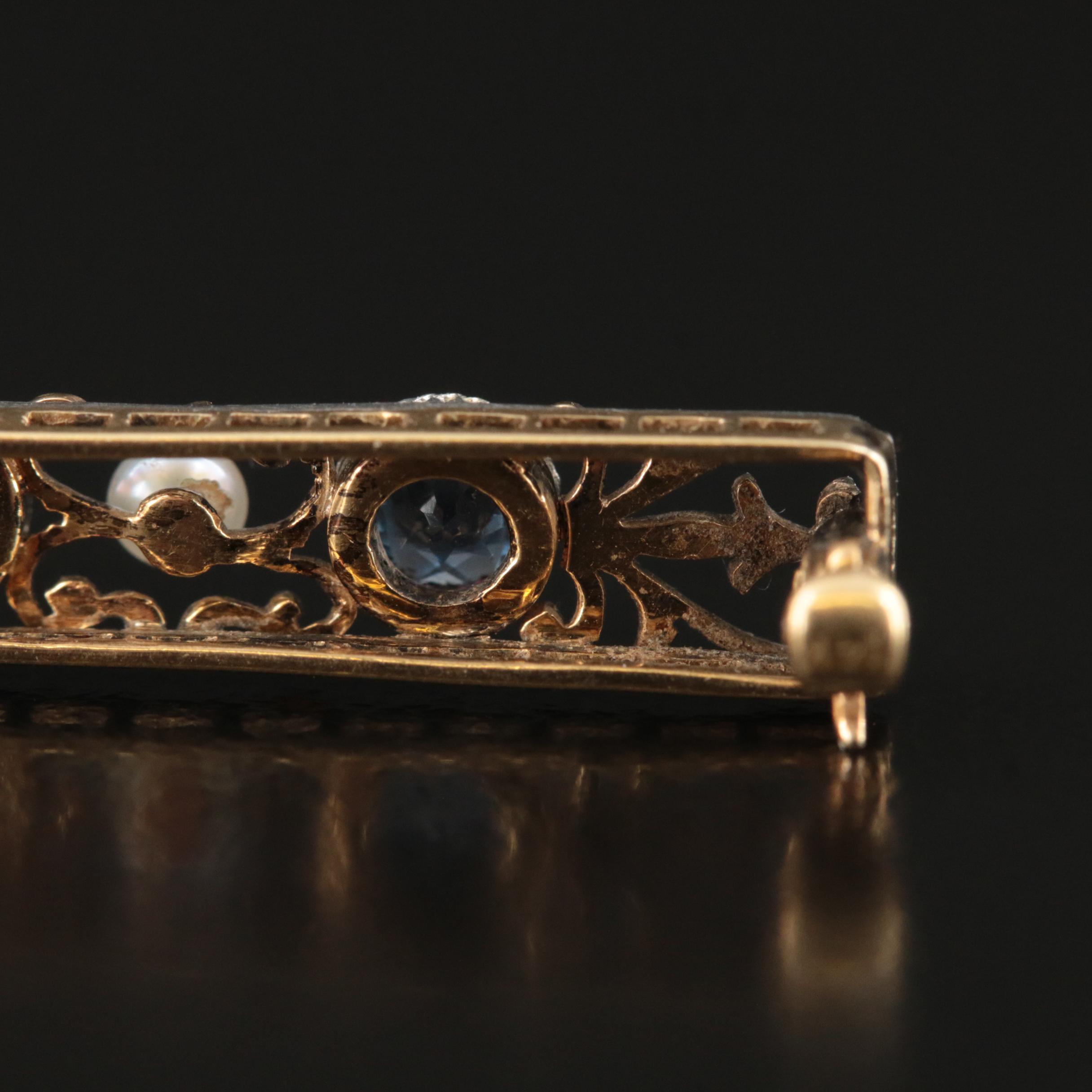 Edwardian Bippart, Griscom and Osborn 14K and Platinum Sapphire and Pearl Pin