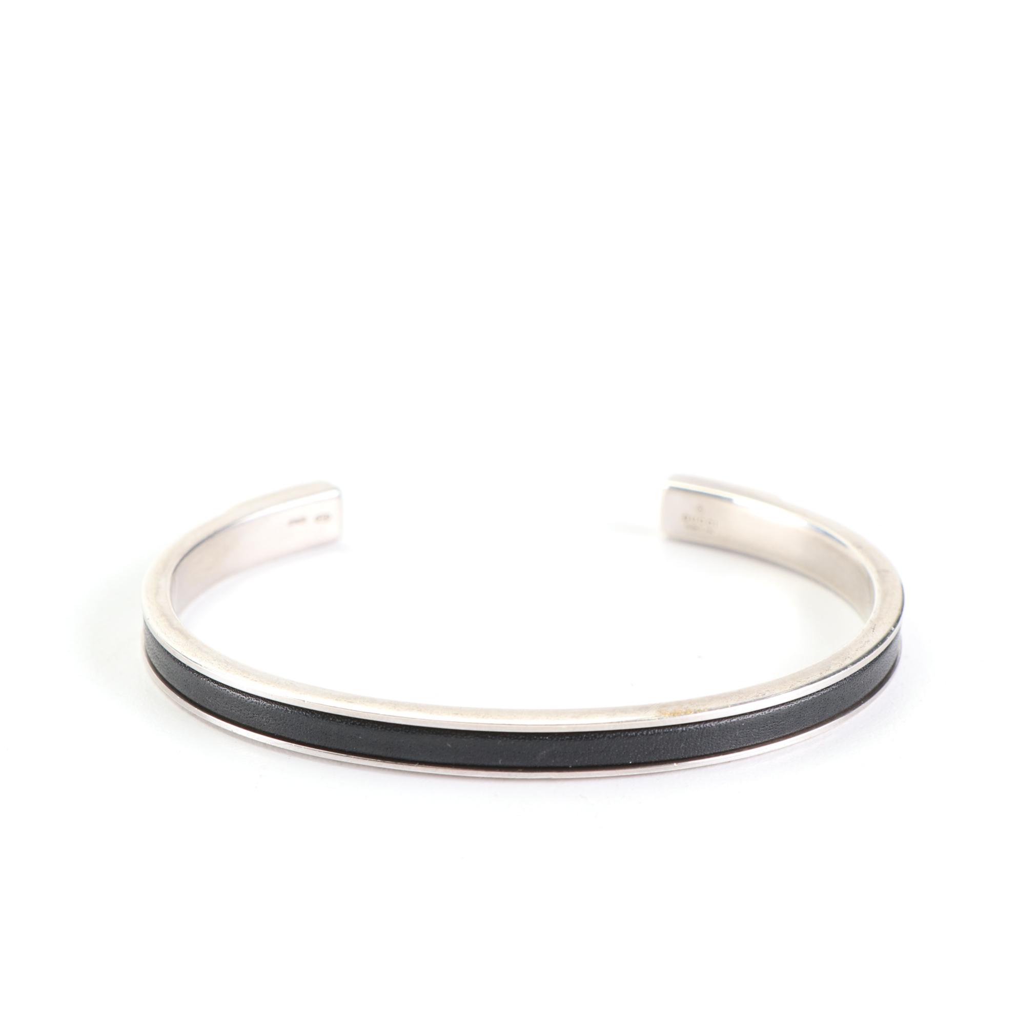 Gucci Sterling Silver and Leather Narrow Cuff Bracelet