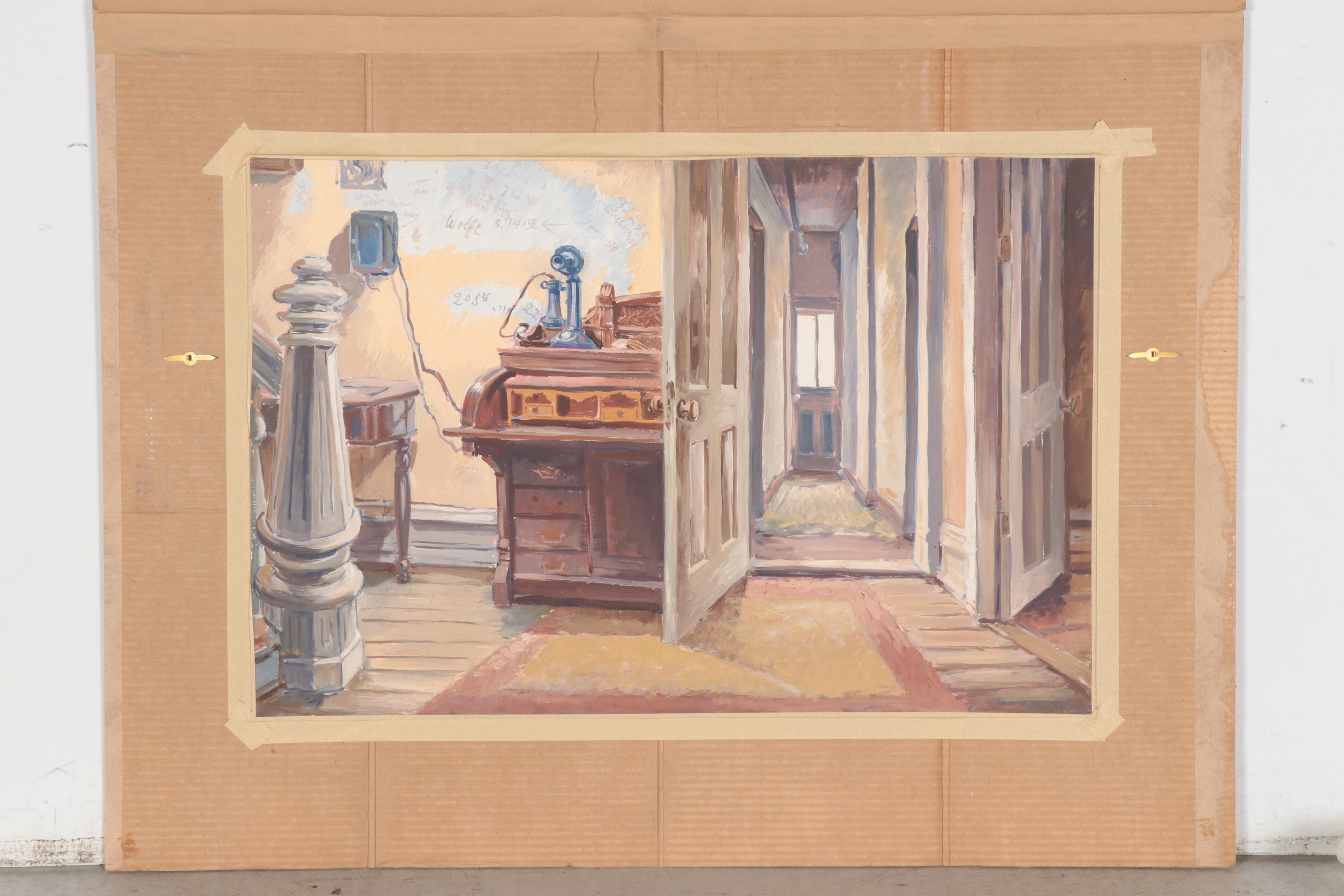 Dan Burne Jones Gouache Painting of Thomas Wolfe House Interior, 1952