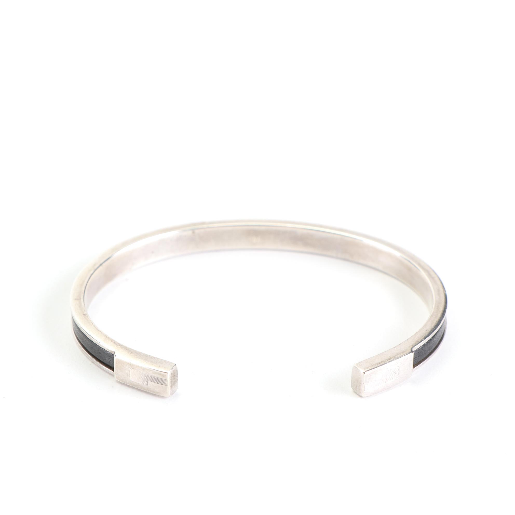Gucci Sterling Silver and Leather Narrow Cuff Bracelet