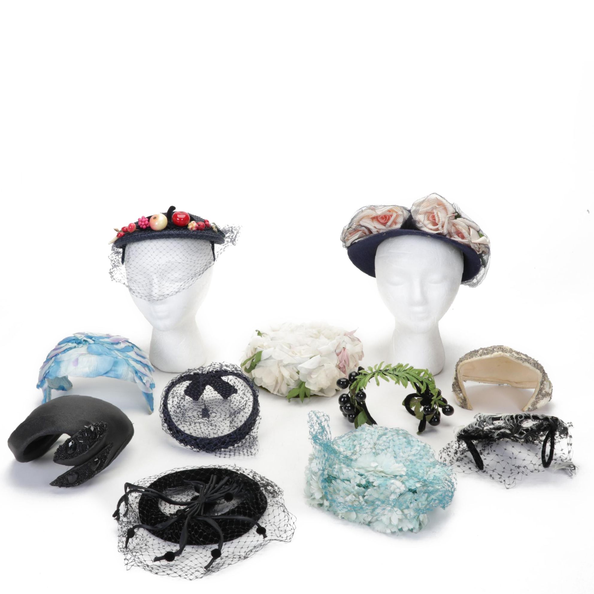Floral, Fruit, and Embellished Casques, Fascinators, with Other Hats