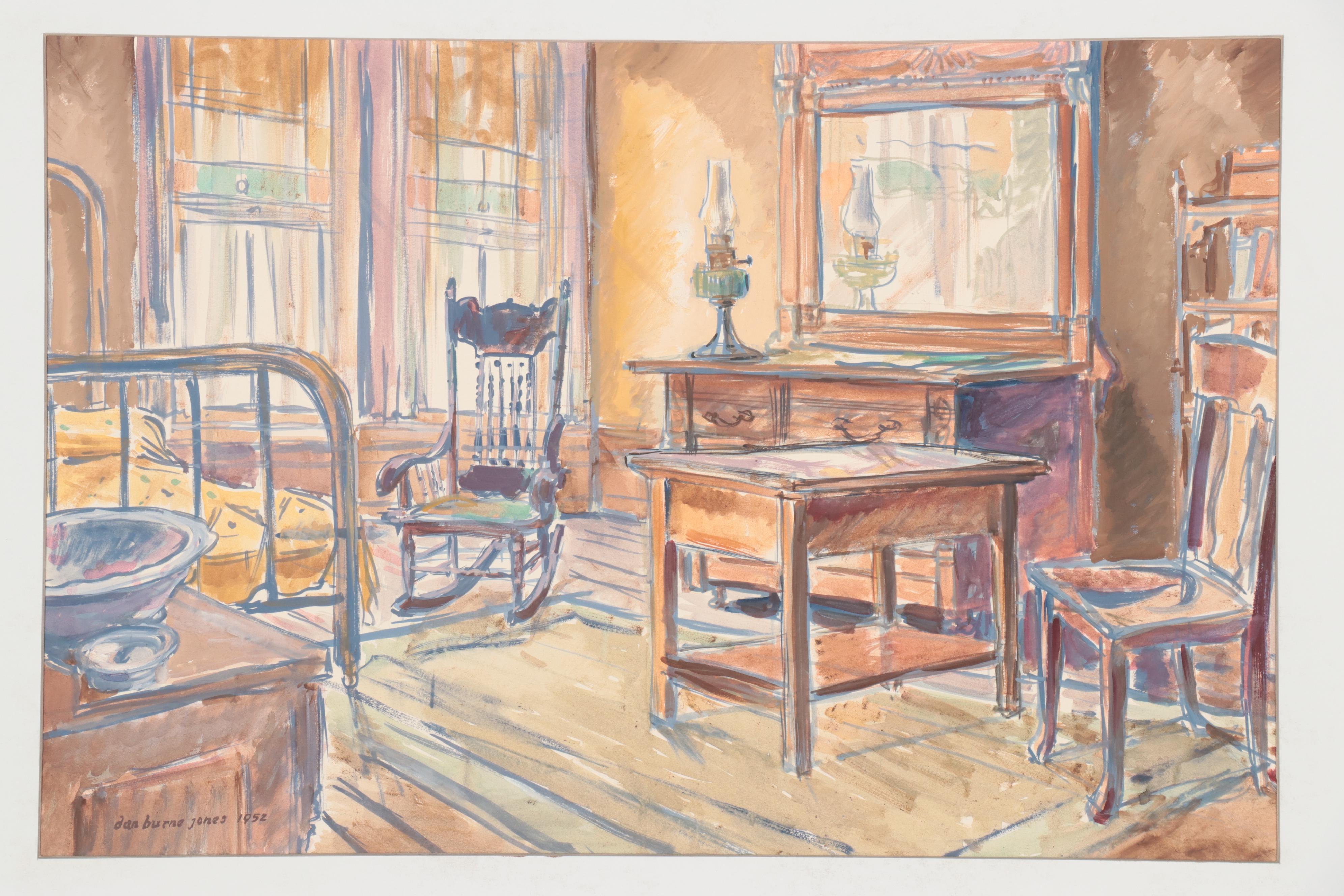 Dan Burne Jones Gouache Painting of Thomas Wolfe House Interior, 1952