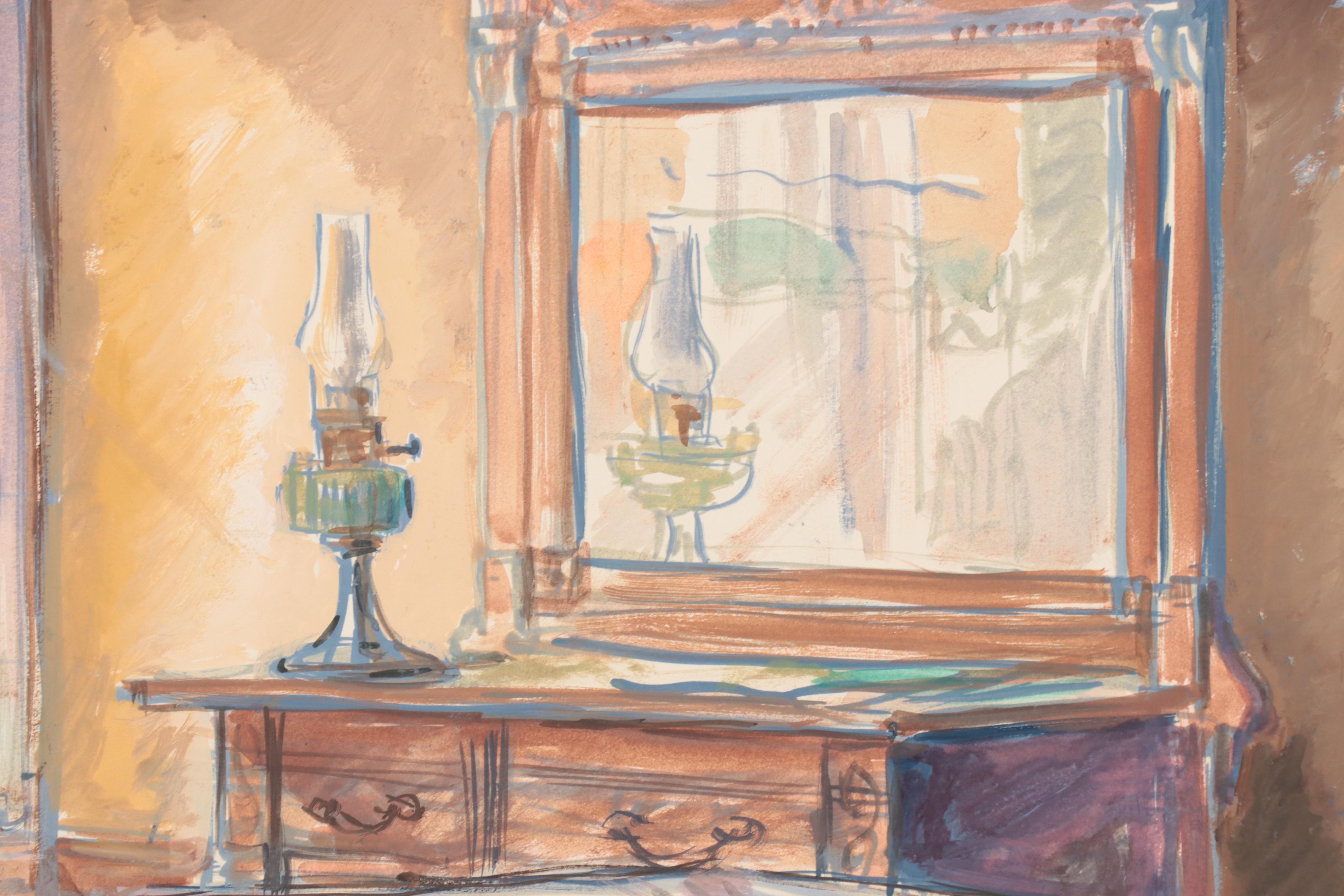 Dan Burne Jones Gouache Painting of Thomas Wolfe House Interior, 1952