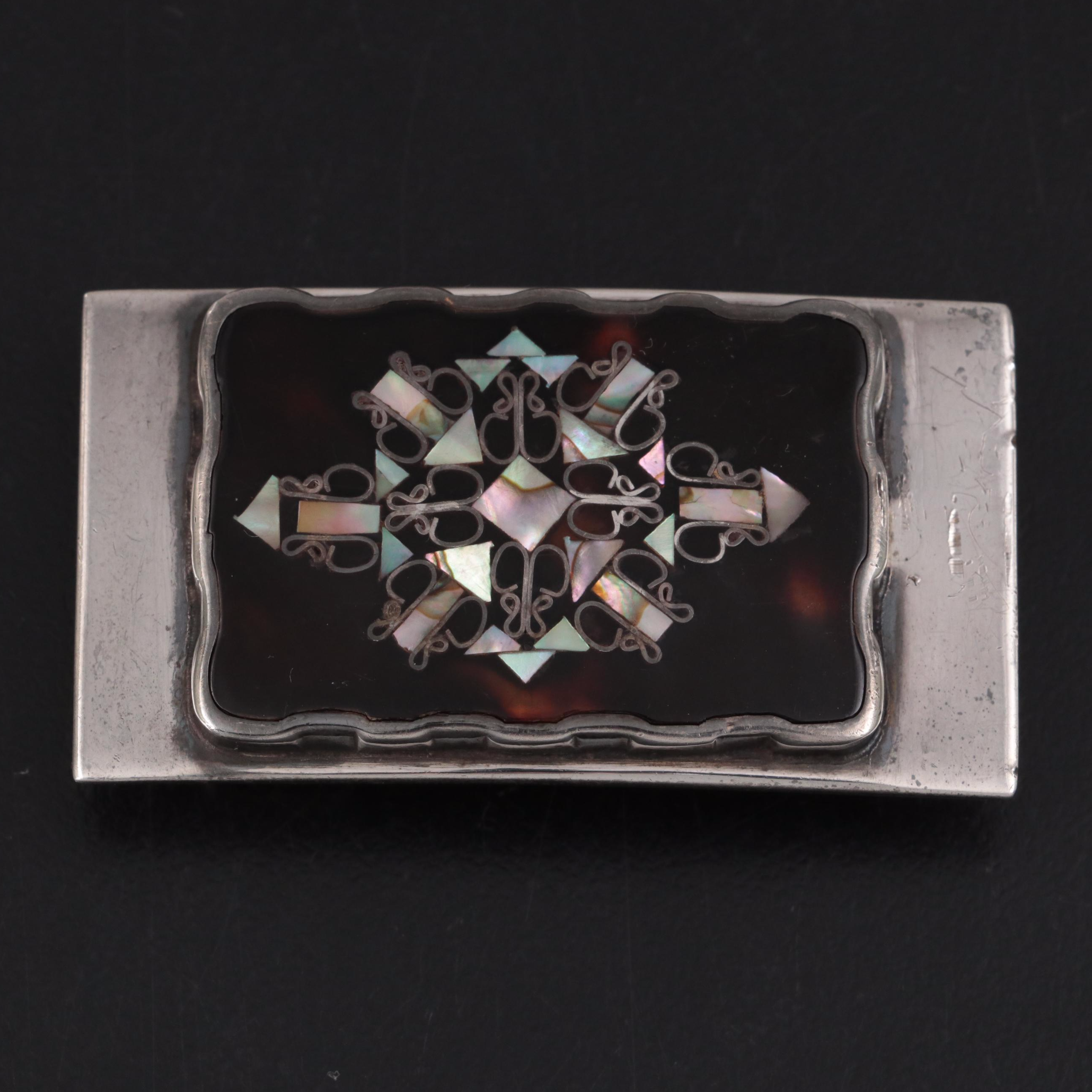 Mexican Sterling Silver Belt Buckle with Abalone and Tortoise Shell Inlay
