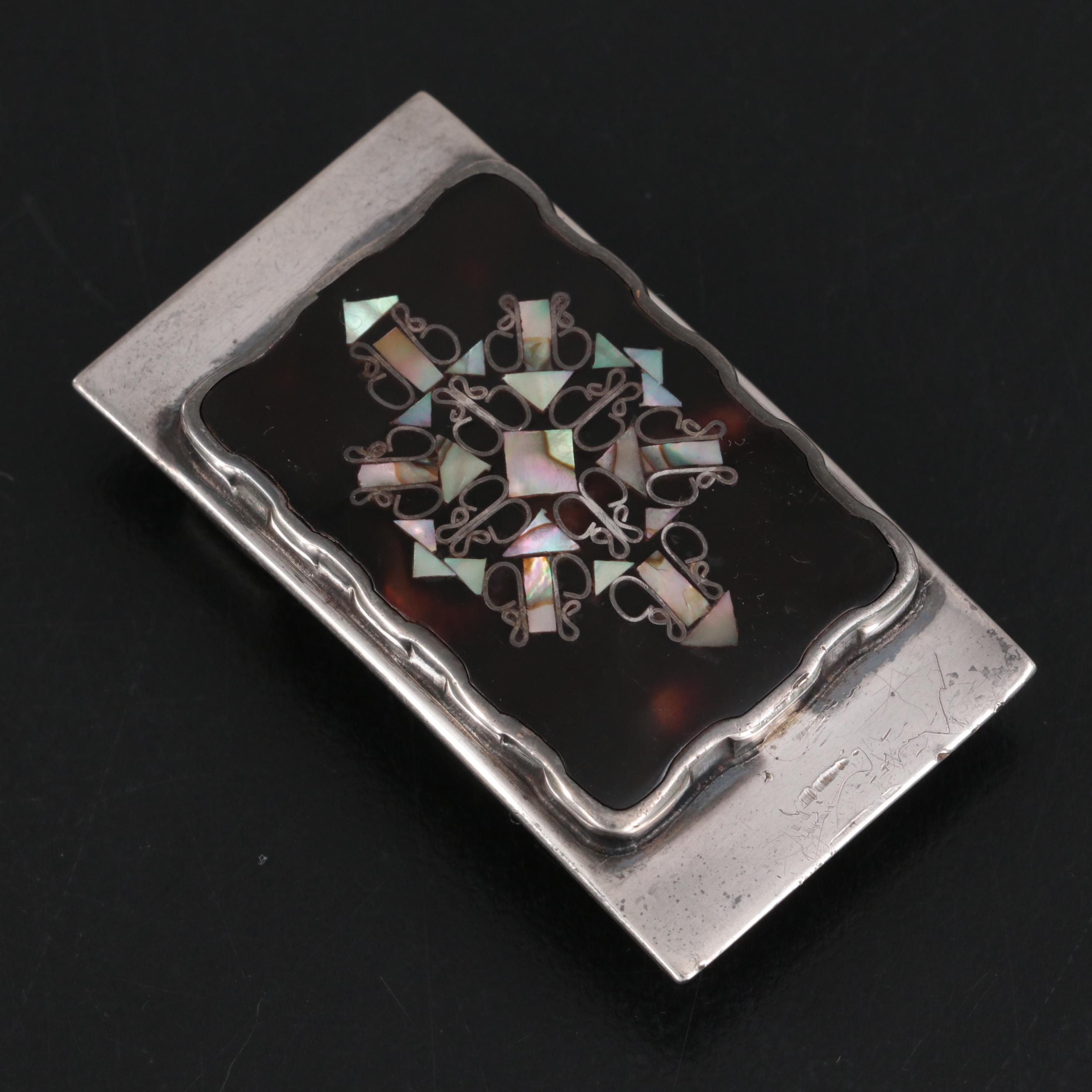 Mexican Sterling Silver Belt Buckle with Abalone and Tortoise Shell Inlay