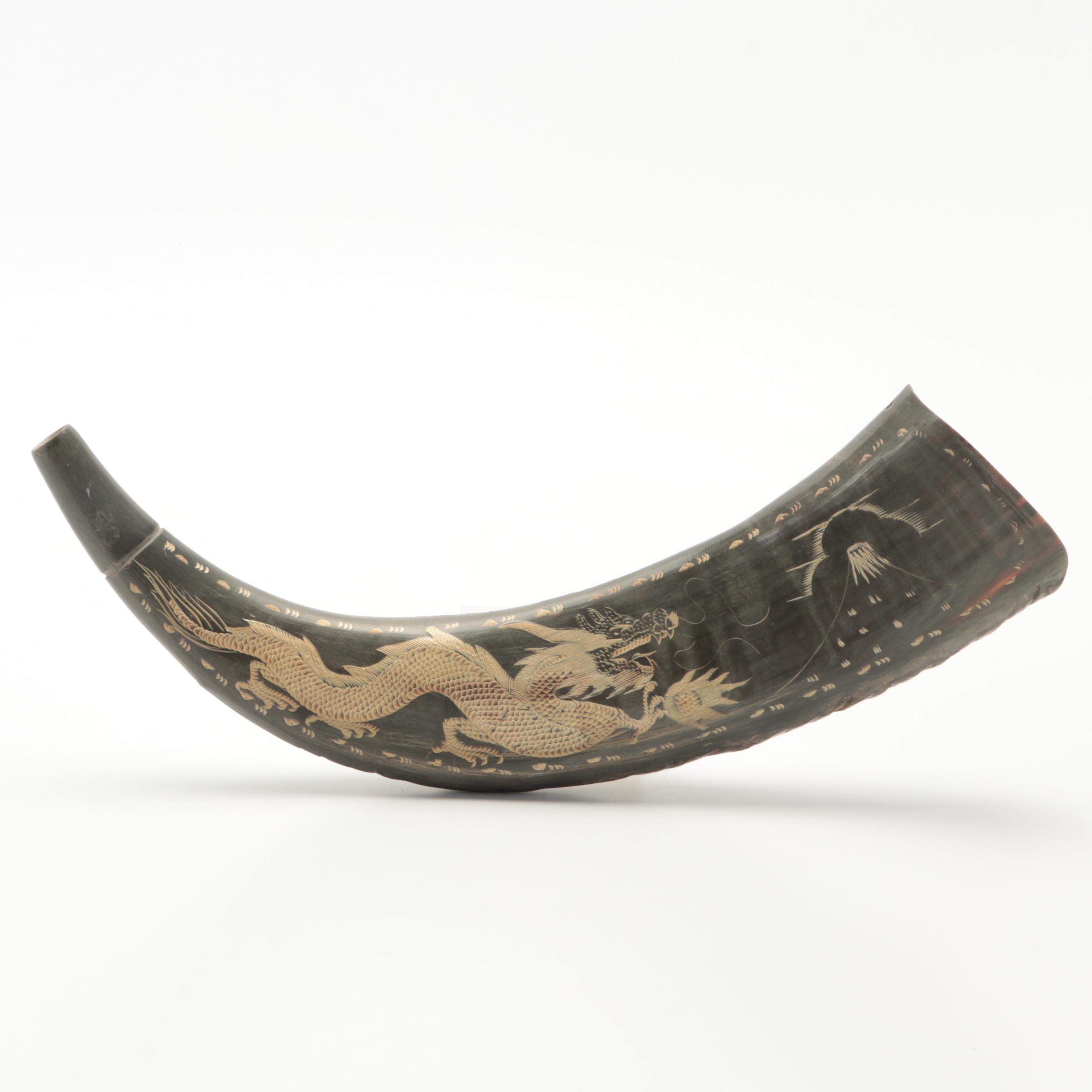 Asian Ox Horn with Engraved Dragon Chasing Flaming Pearl