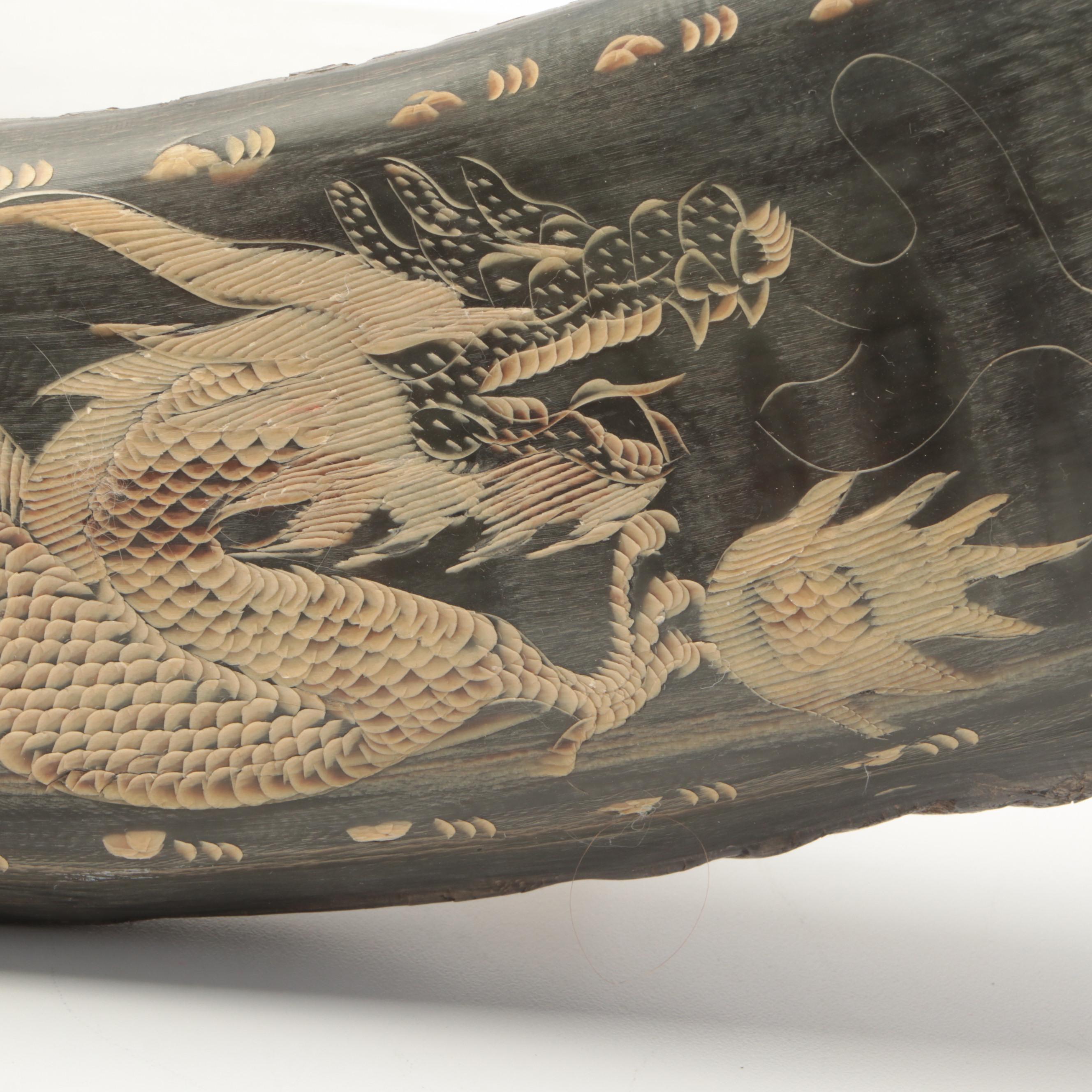 Asian Ox Horn with Engraved Dragon Chasing Flaming Pearl