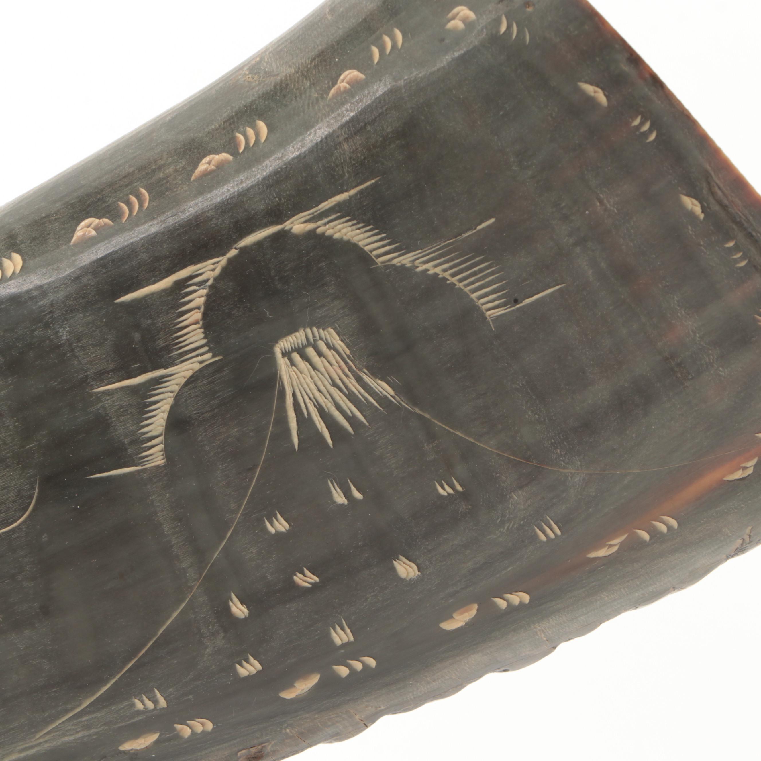 Asian Ox Horn with Engraved Dragon Chasing Flaming Pearl