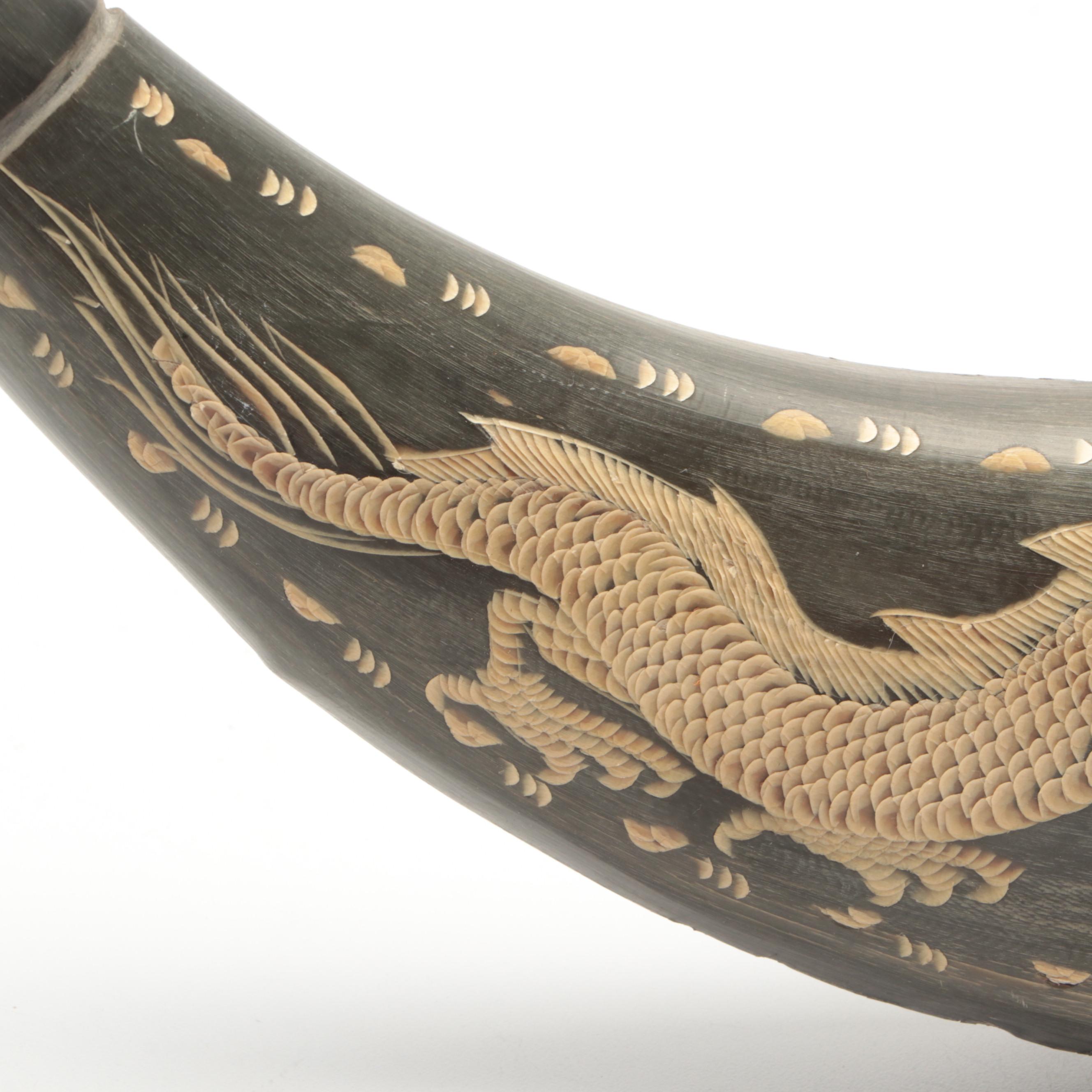 Asian Ox Horn with Engraved Dragon Chasing Flaming Pearl