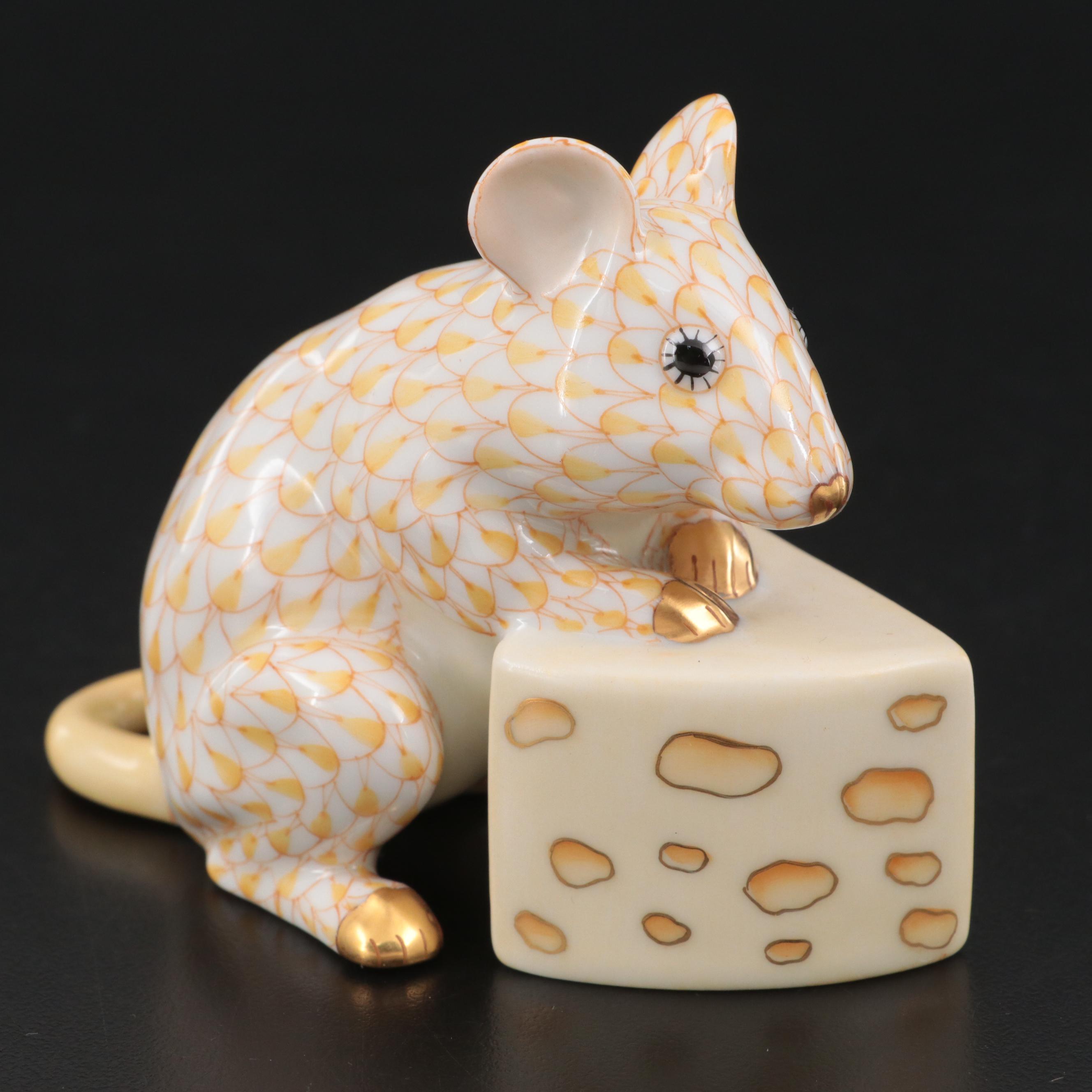 Herend Butterscotch Fishnet with Gold "Mouse with Cheese" Porcelain Figurine