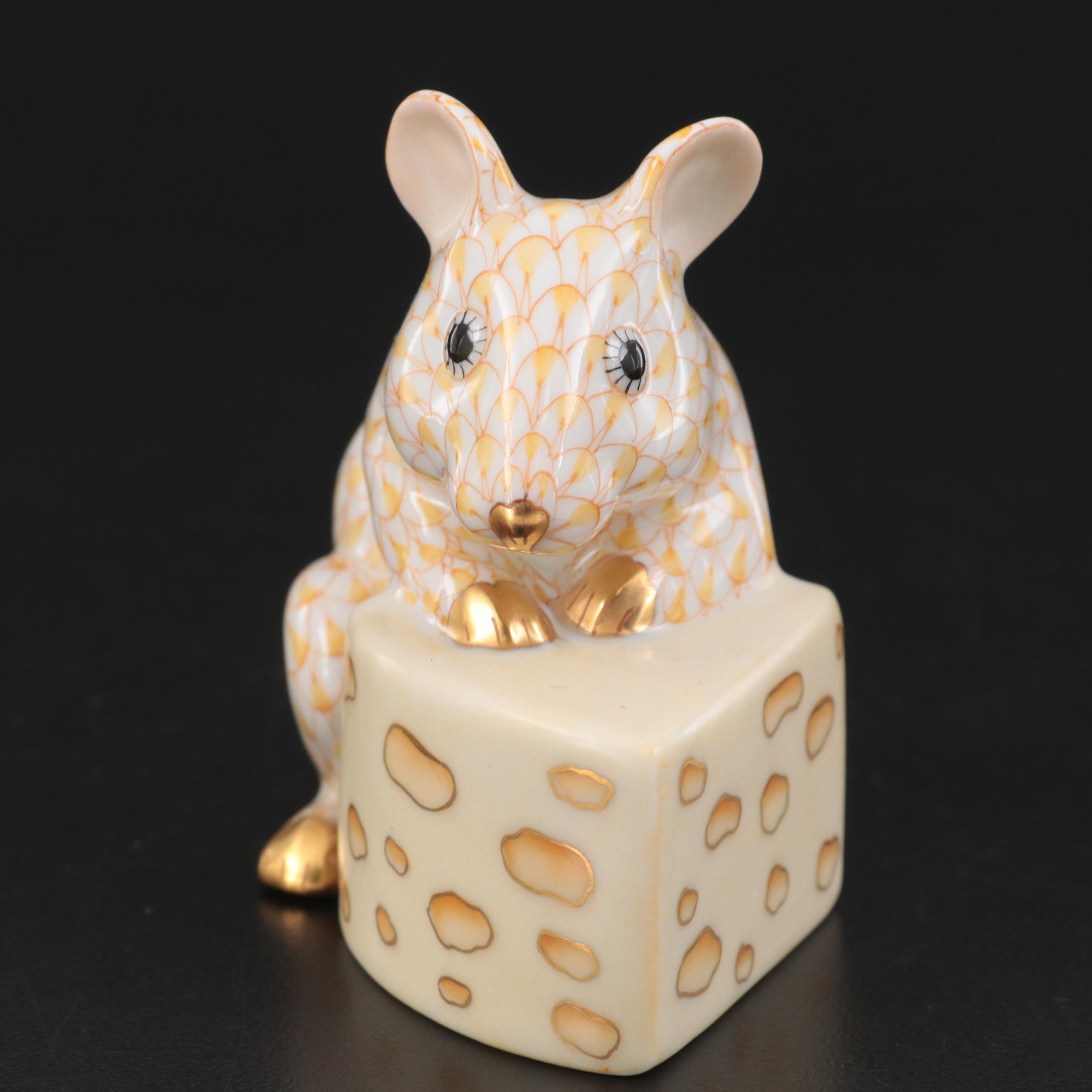 Herend Butterscotch Fishnet with Gold "Mouse with Cheese" Porcelain Figurine