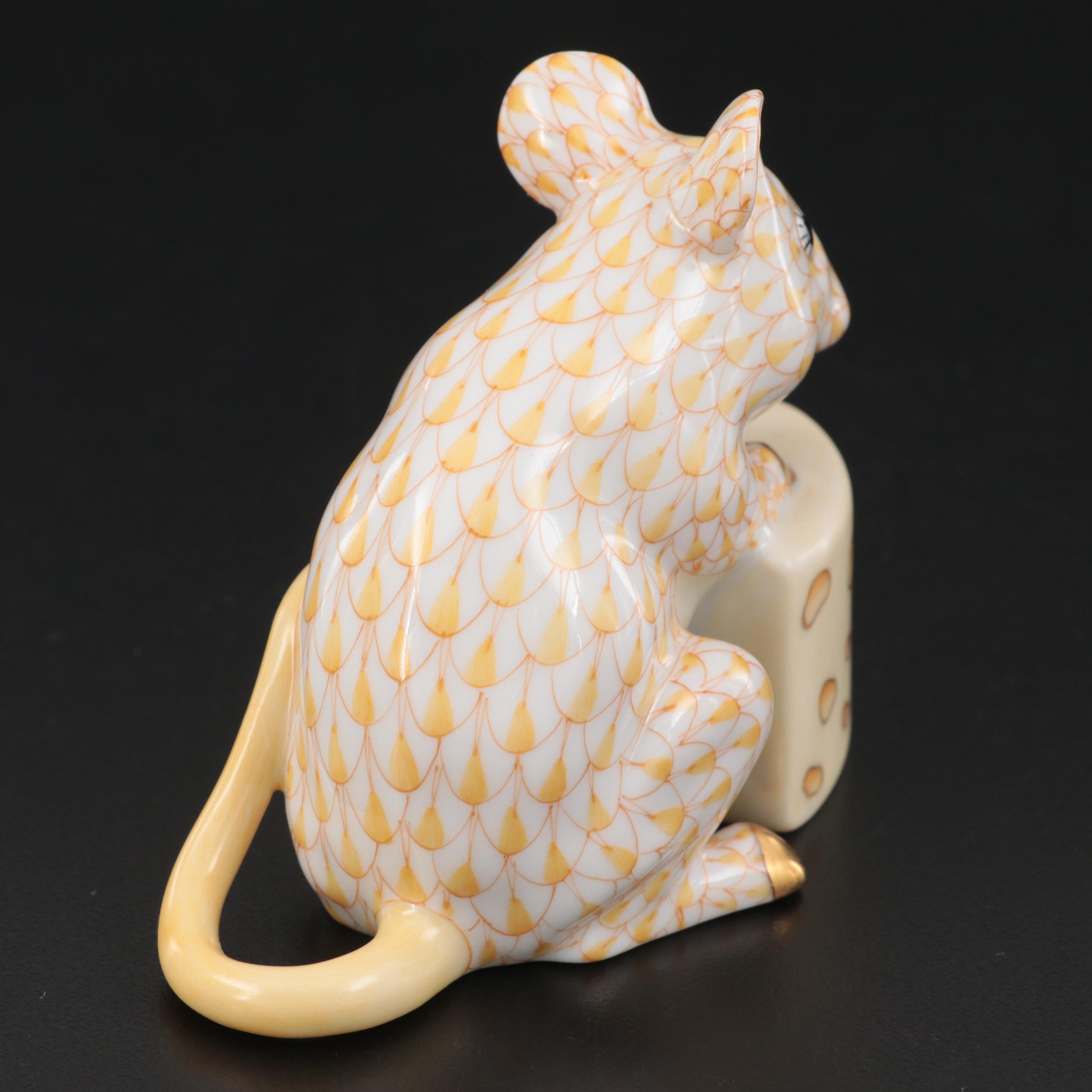 Herend Butterscotch Fishnet with Gold "Mouse with Cheese" Porcelain Figurine