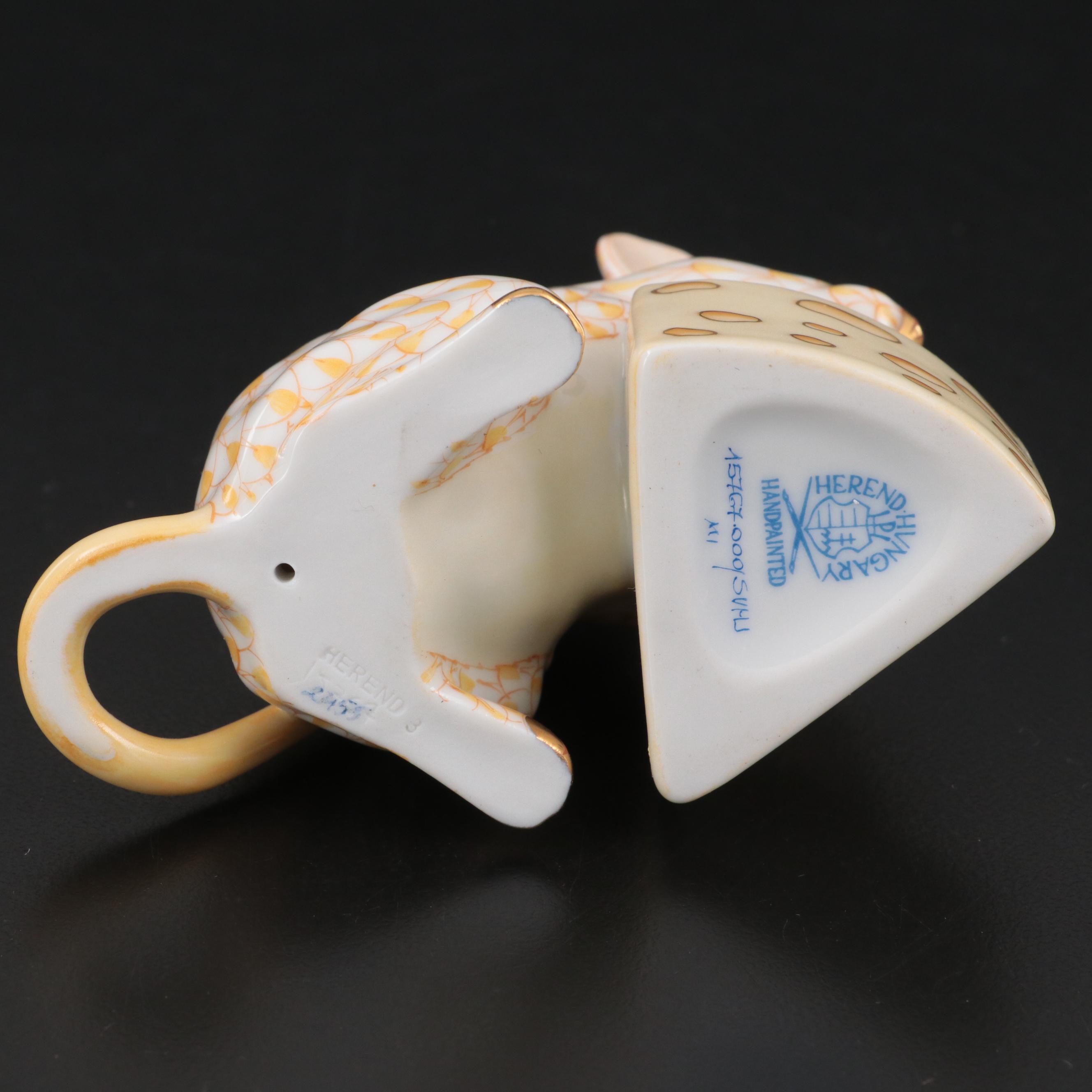 Herend Butterscotch Fishnet with Gold "Mouse with Cheese" Porcelain Figurine