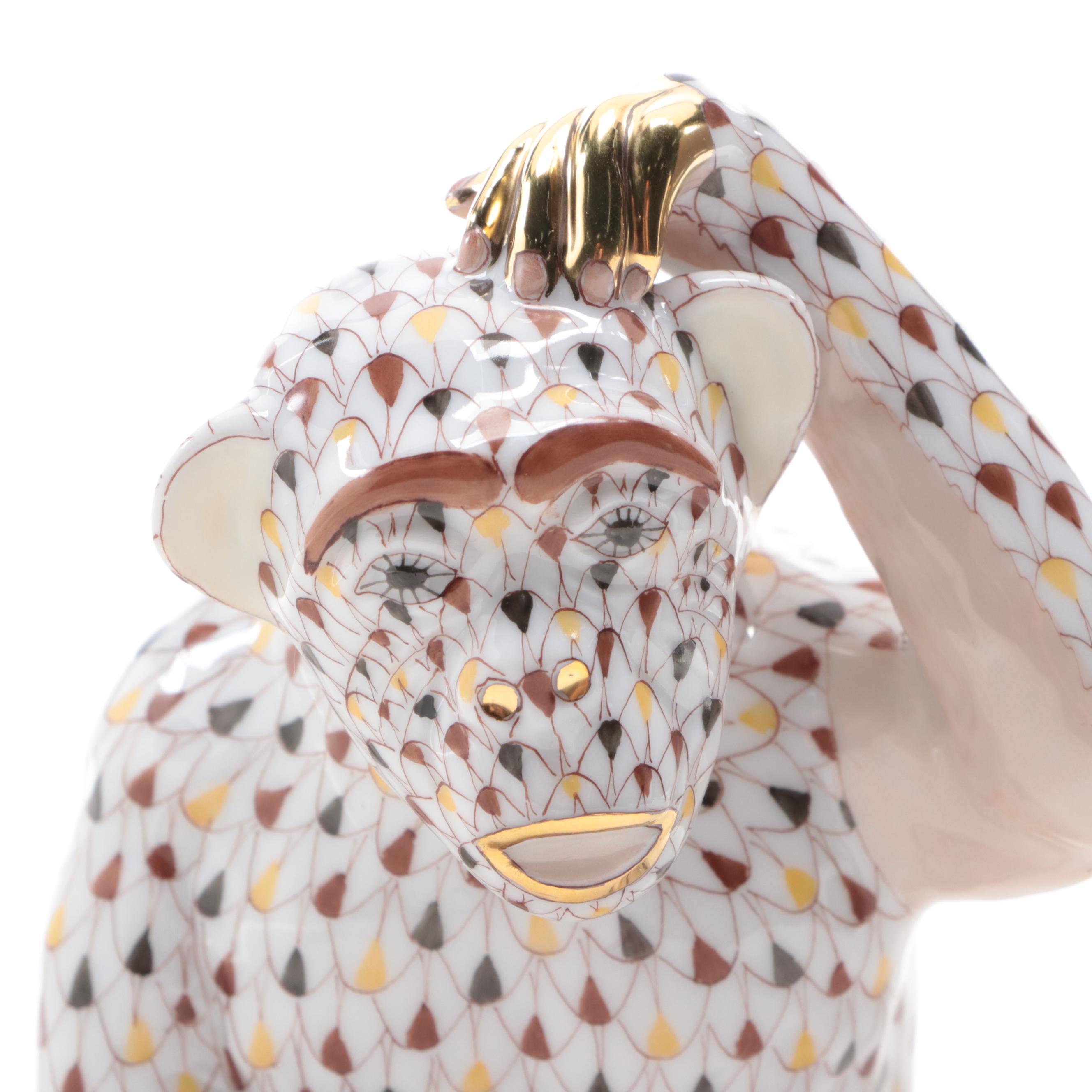 Herend Tri-Color Fishnet with Gold "Scratching Chimpanzee" Porcelain Figurine