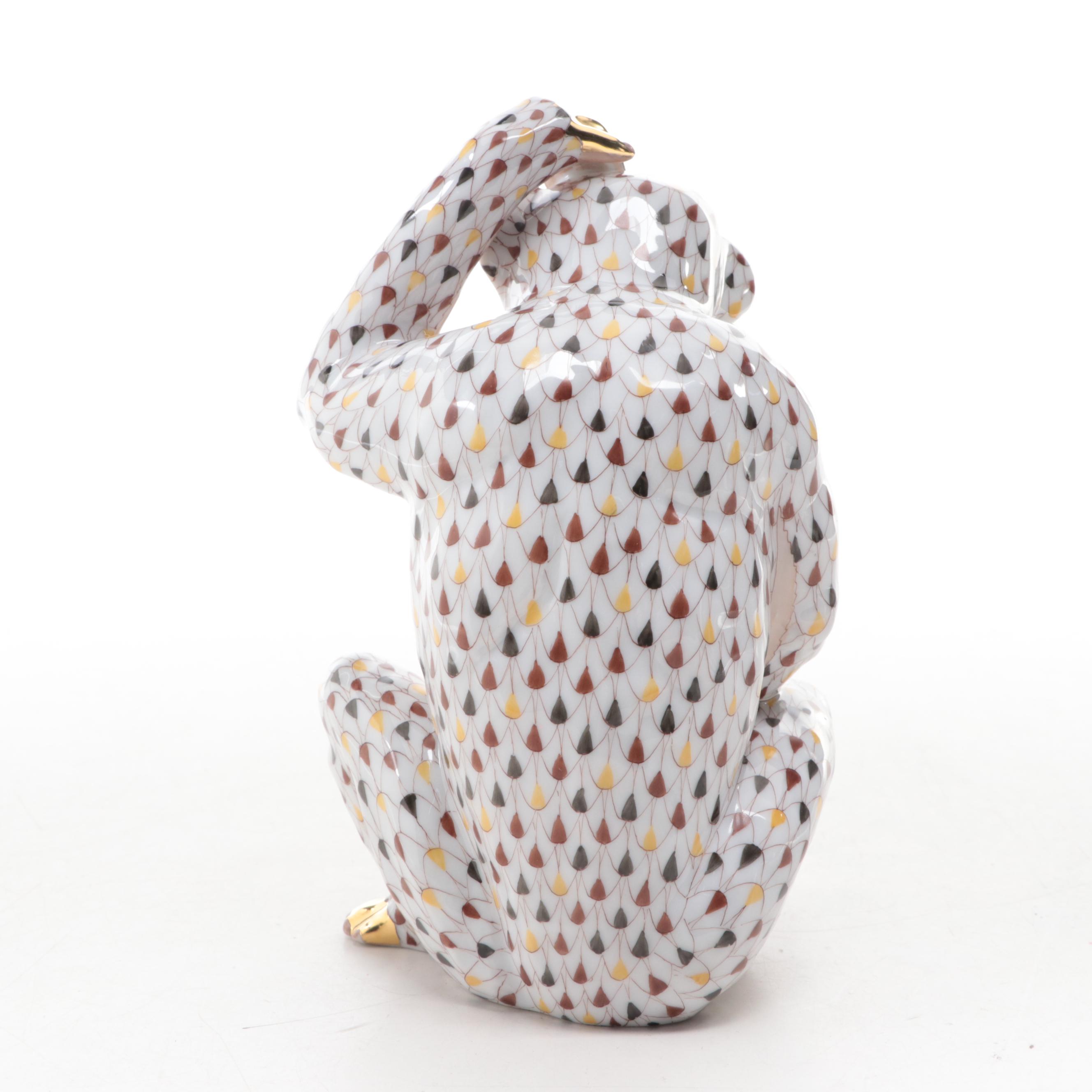 Herend Tri-Color Fishnet with Gold "Scratching Chimpanzee" Porcelain Figurine