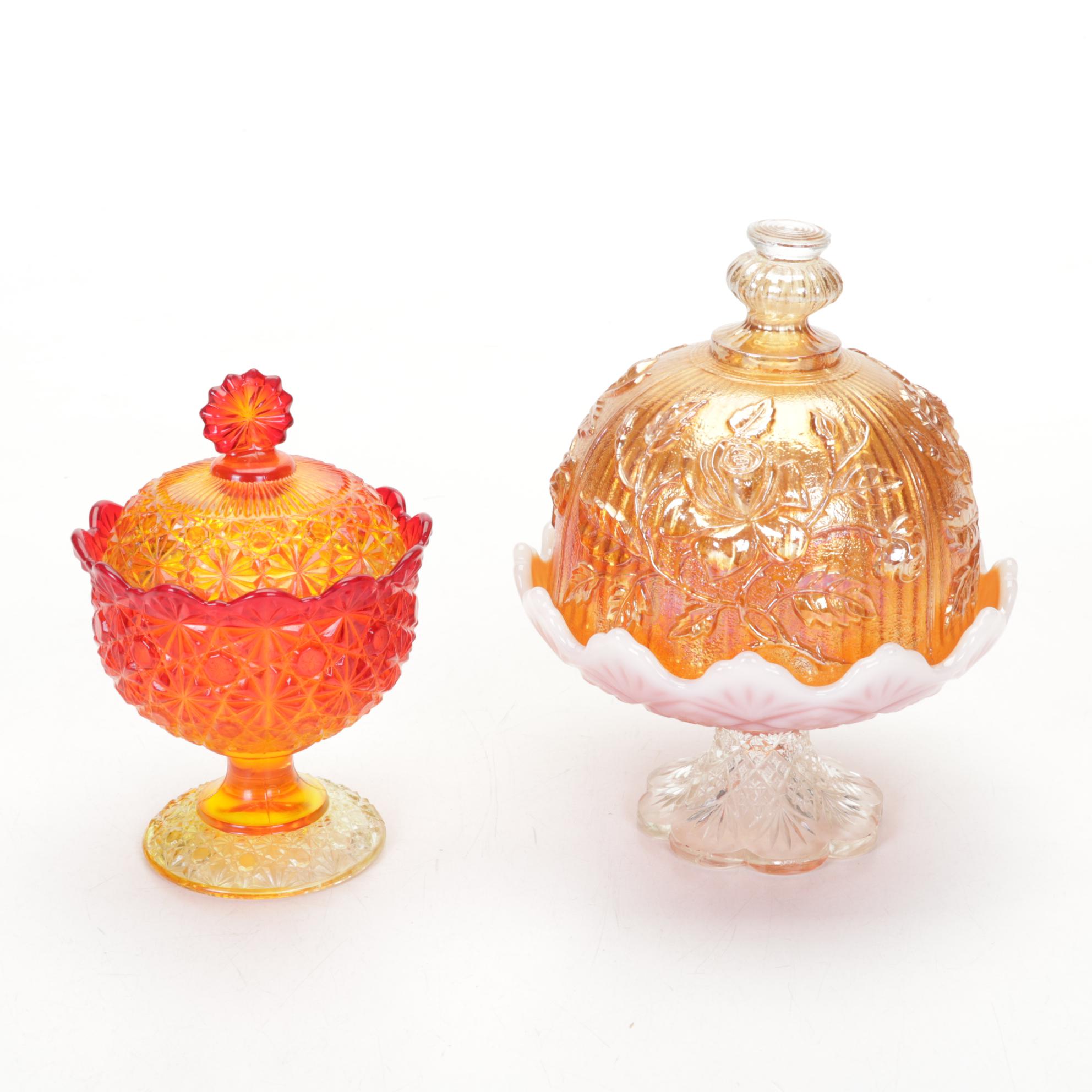 Amberina, Marigold Carnival Glass With Yellow Crystal Turkey on Nest