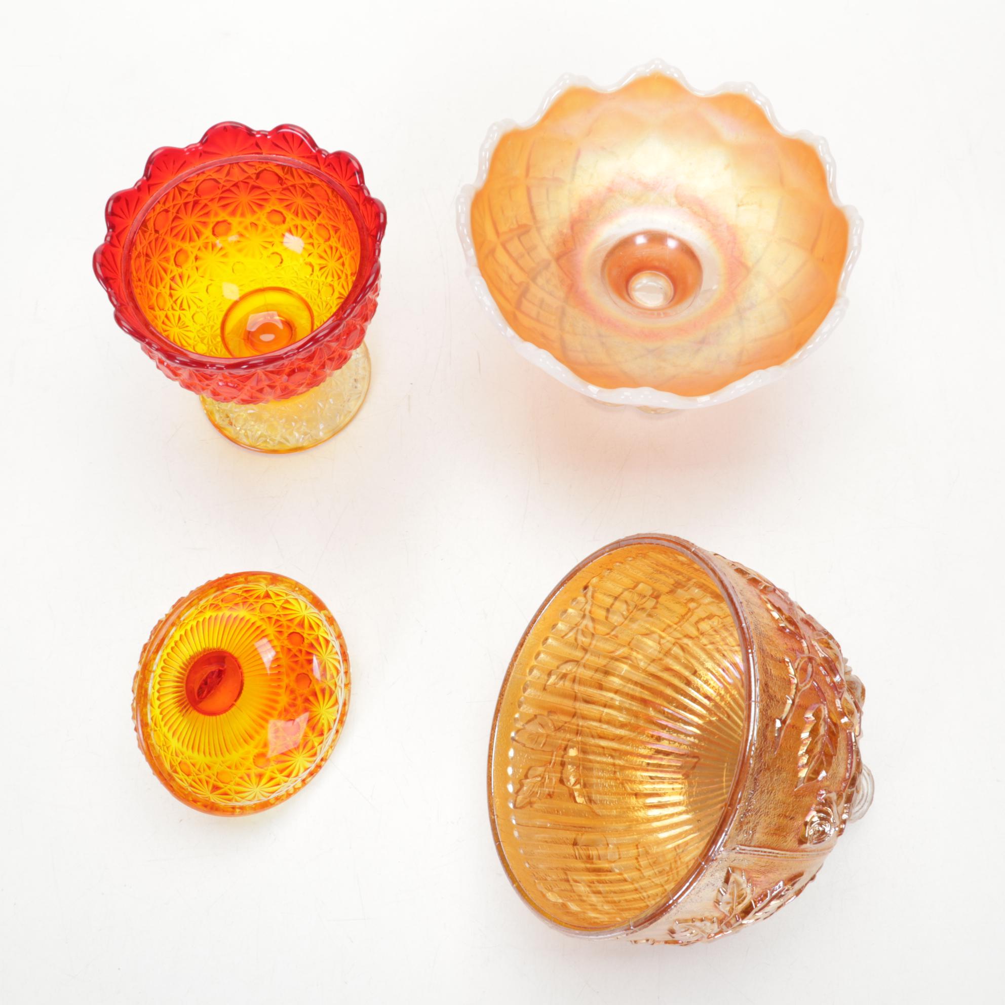 Amberina, Marigold Carnival Glass With Yellow Crystal Turkey on Nest