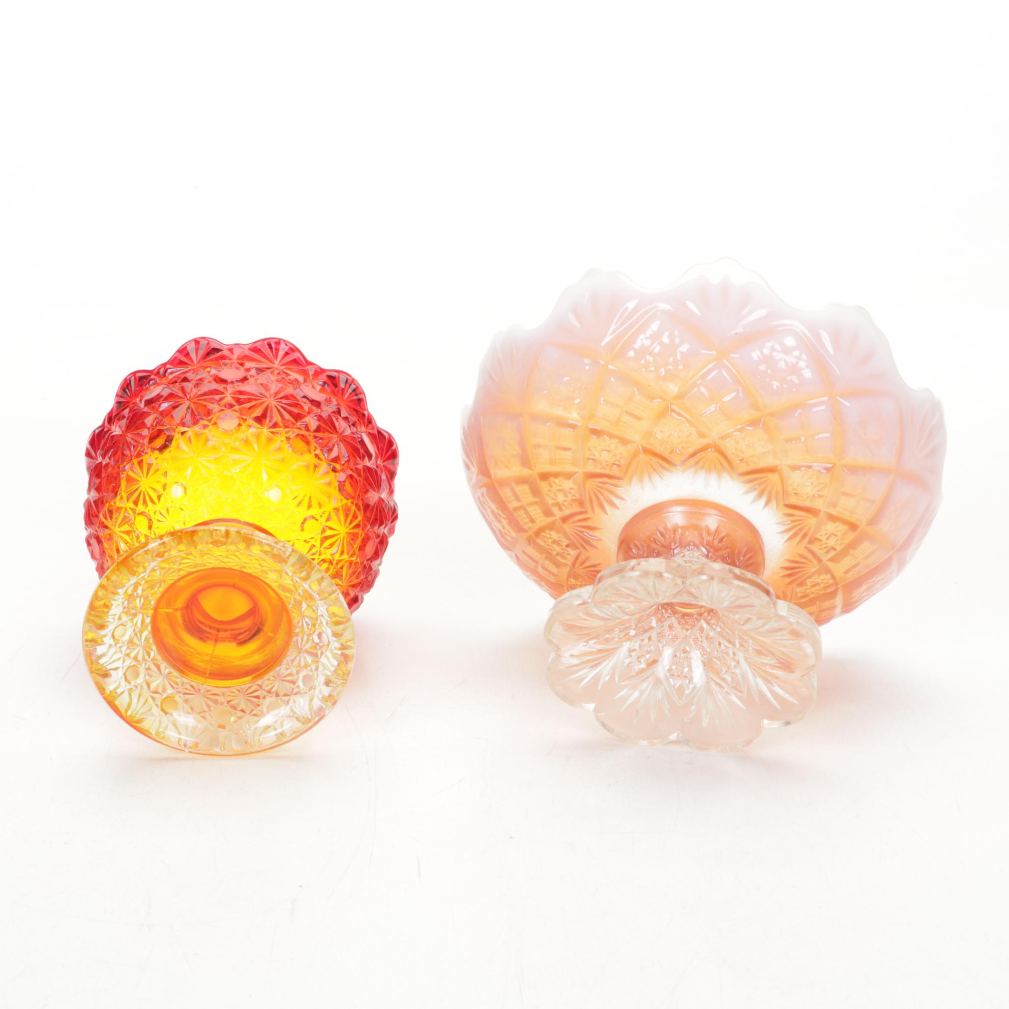 Amberina, Marigold Carnival Glass With Yellow Crystal Turkey on Nest